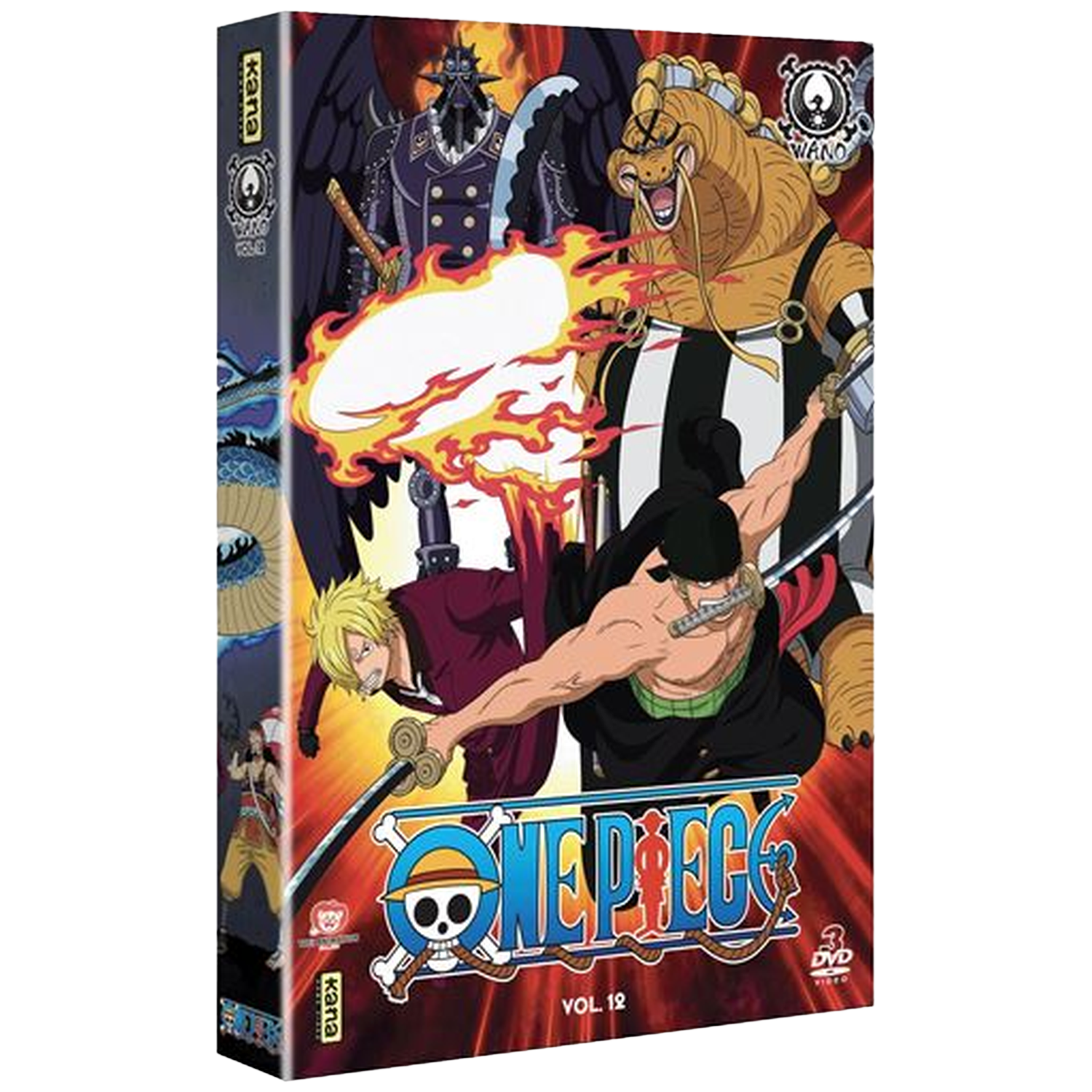 Couverture DVD anime : Zoro, Sanji, King et un dragon combattent avec flammes et épées.