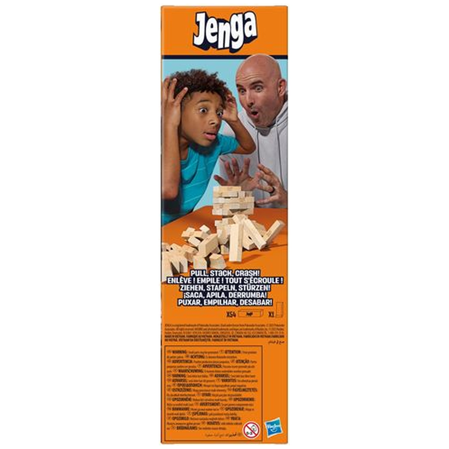 Jenga game box featuring kids reacting to a tower of blocks.