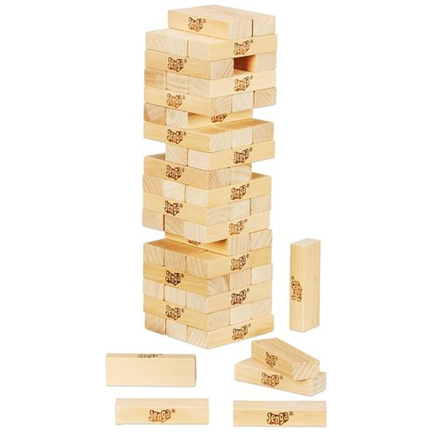 A Jenga tower made of wooden blocks with individual blocks nearby.