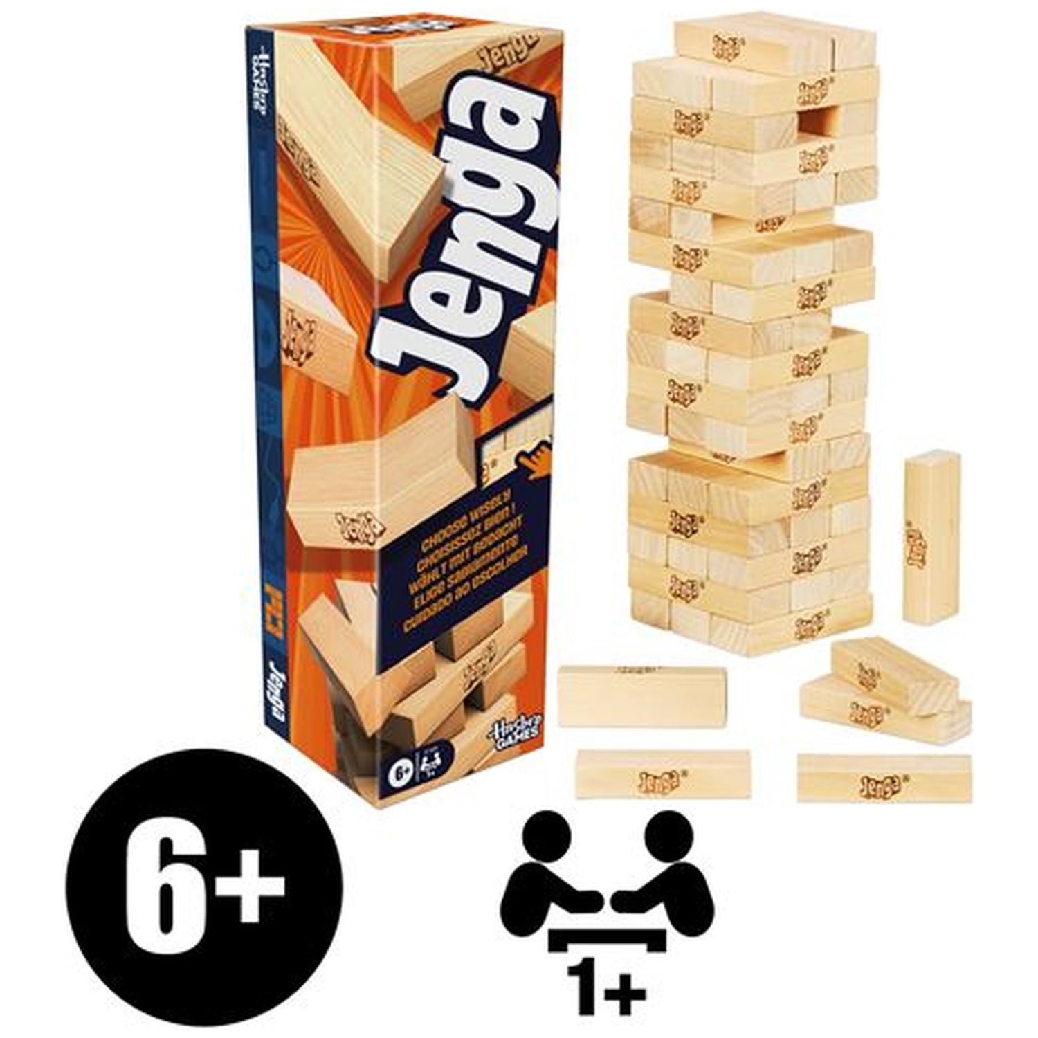 Jenga game box with tower, wooden blocks, and 6+ age rating.