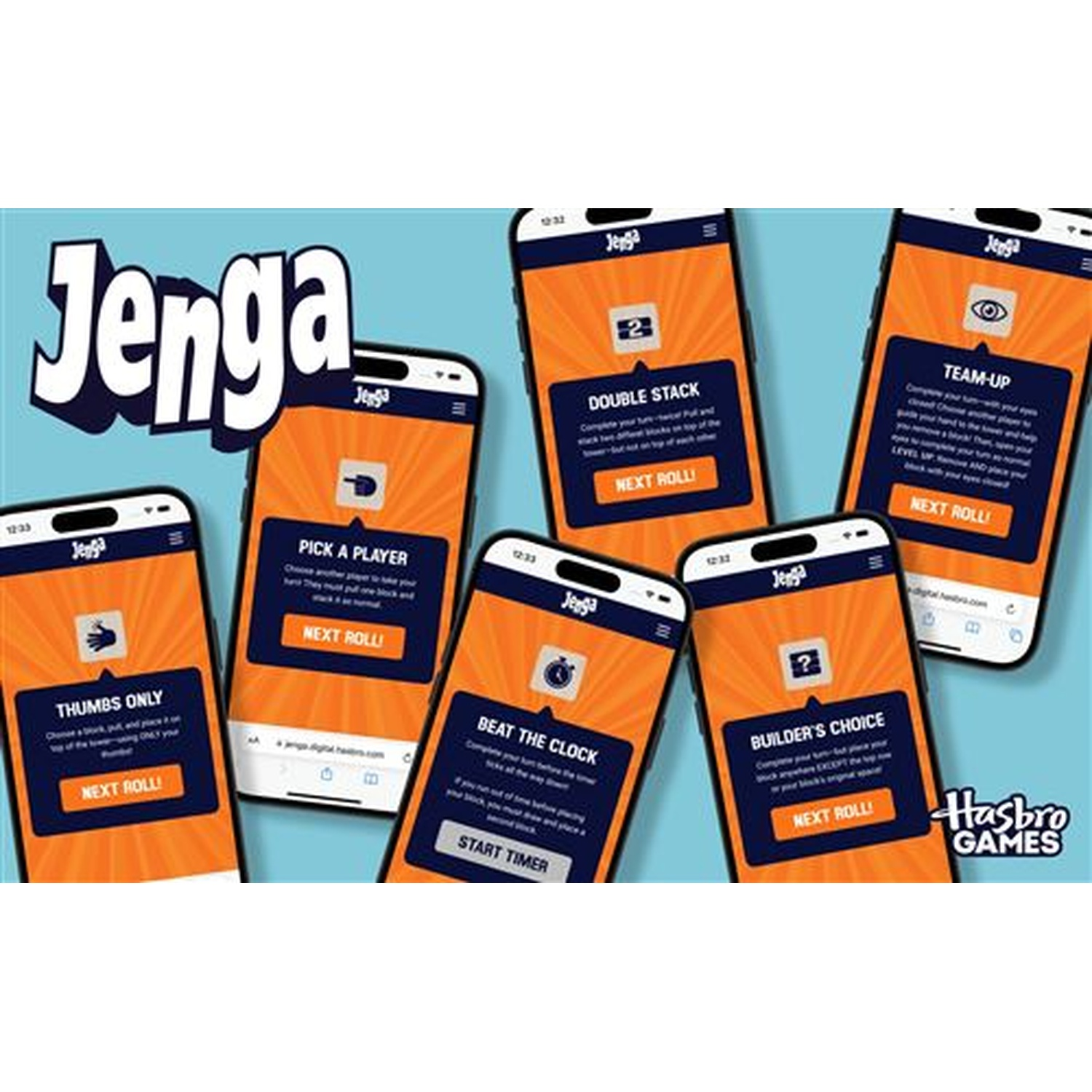 Jenga logo with multiple phones displaying Jenga game modes.