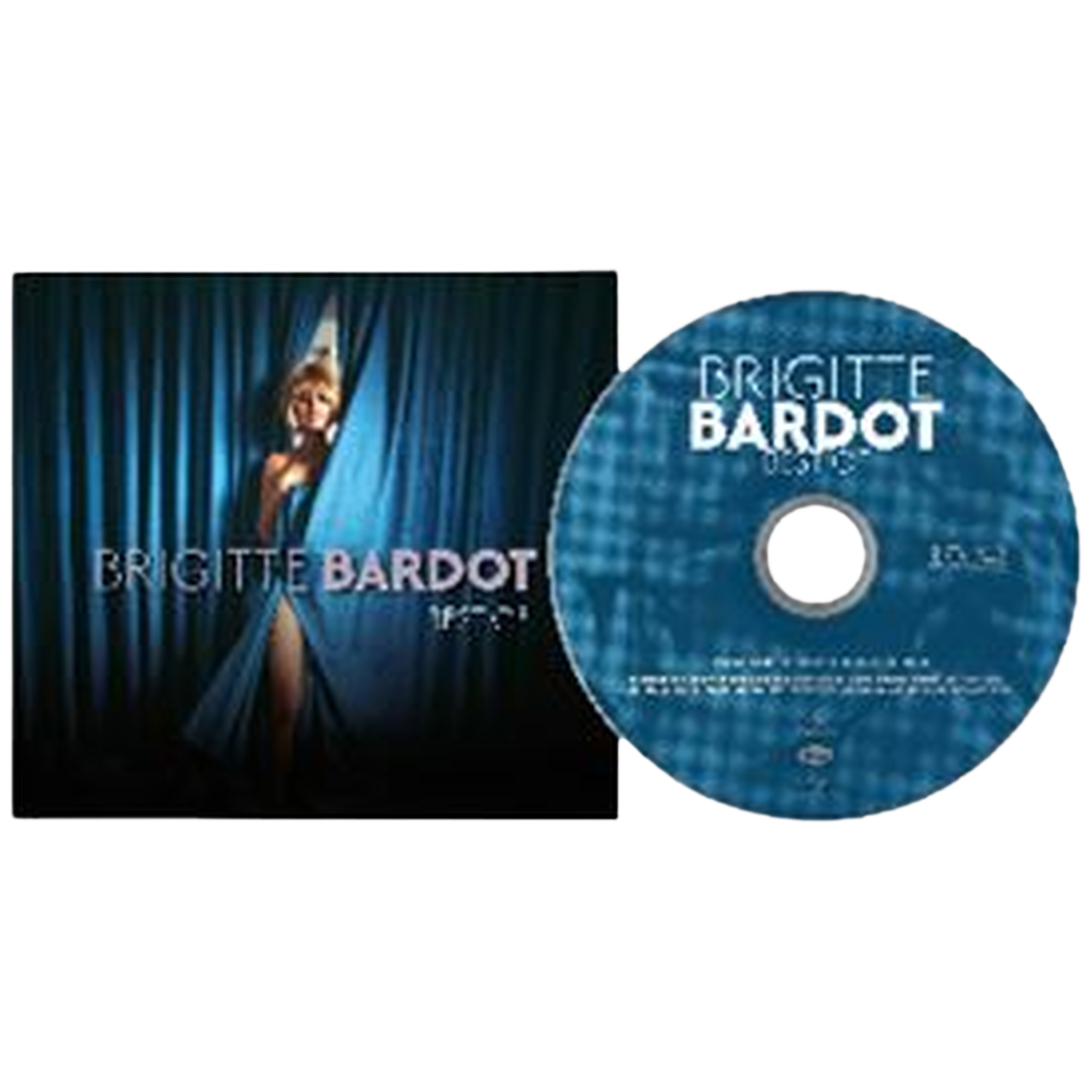 Brigitte Bardot CD-hoes en schijf met blauwe gordijnen en een vrouw.