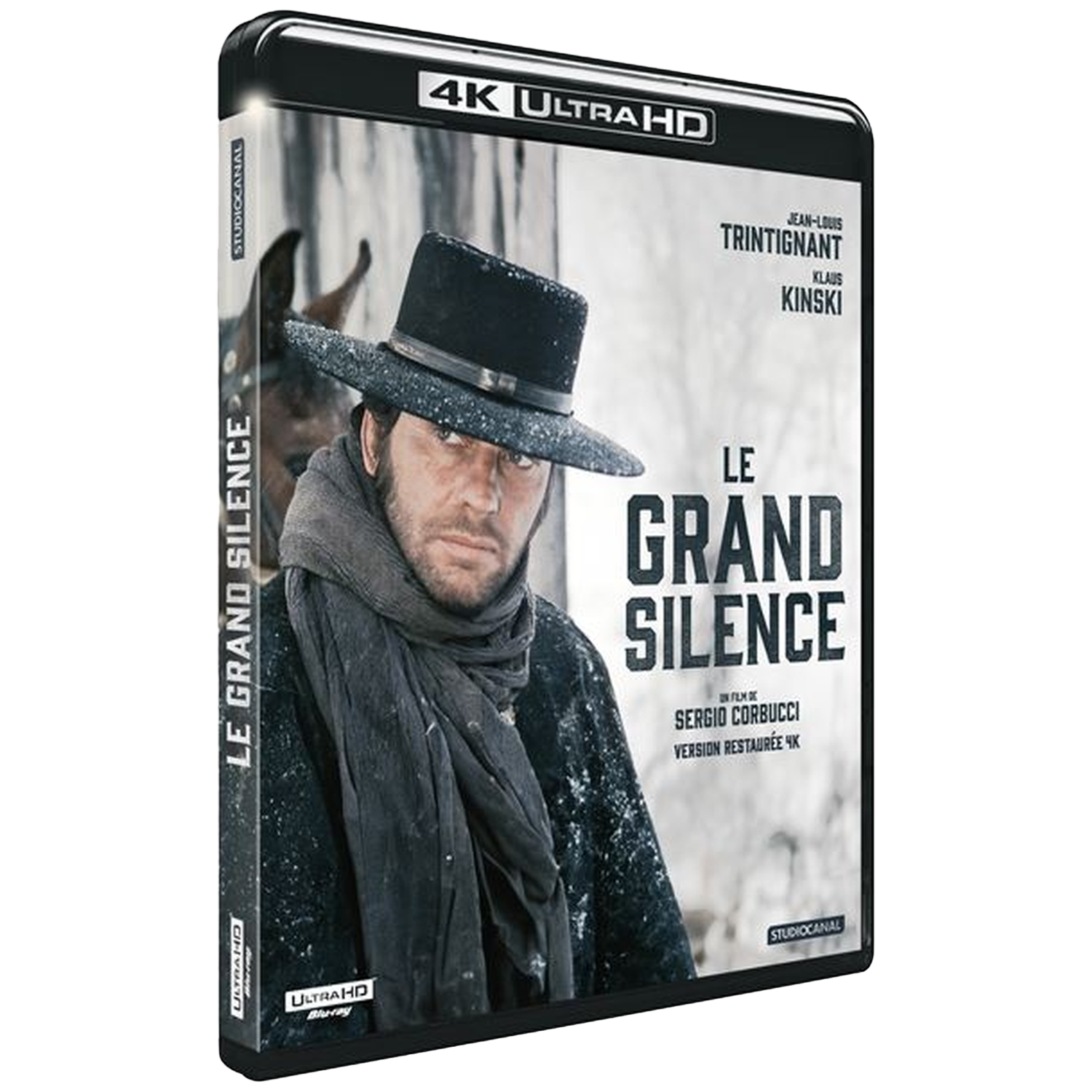 Un homme au chapeau et foulard devant un cheval, affiche du film 'Le Grand Silence'.