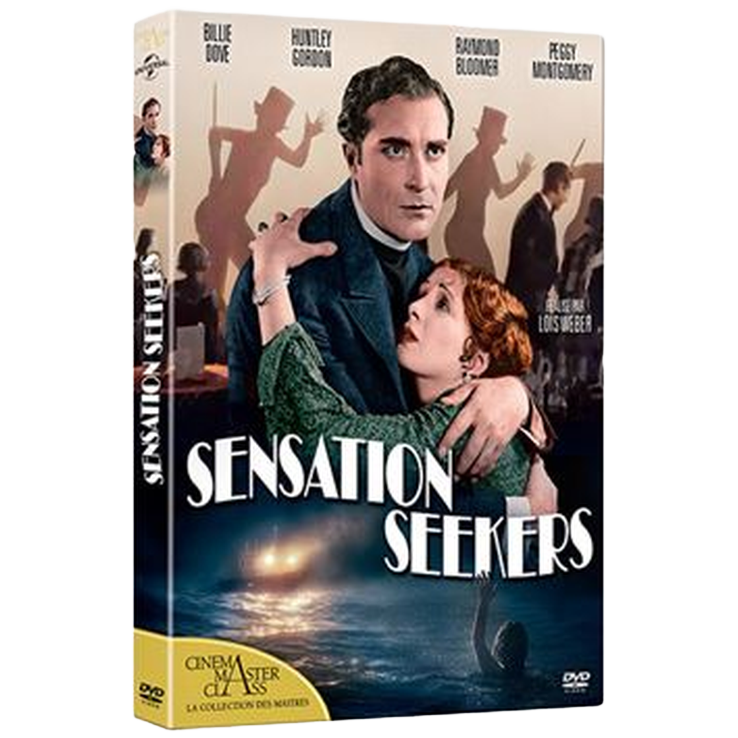 Couverture DVD : Homme serrant femme devant silhouettes, titre "Sensation Seekers".