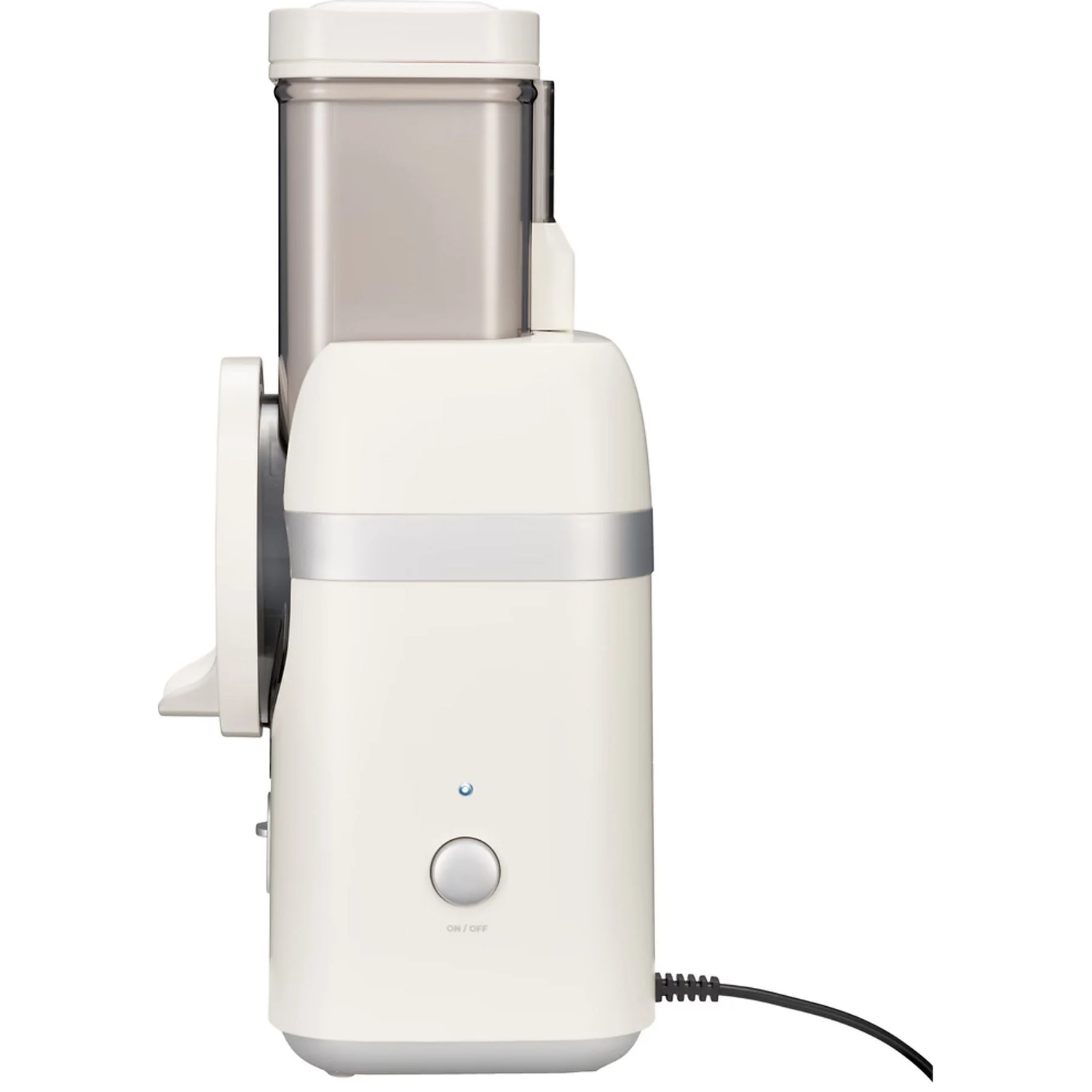 A white kitchen appliance with a transparent container and a silver band.