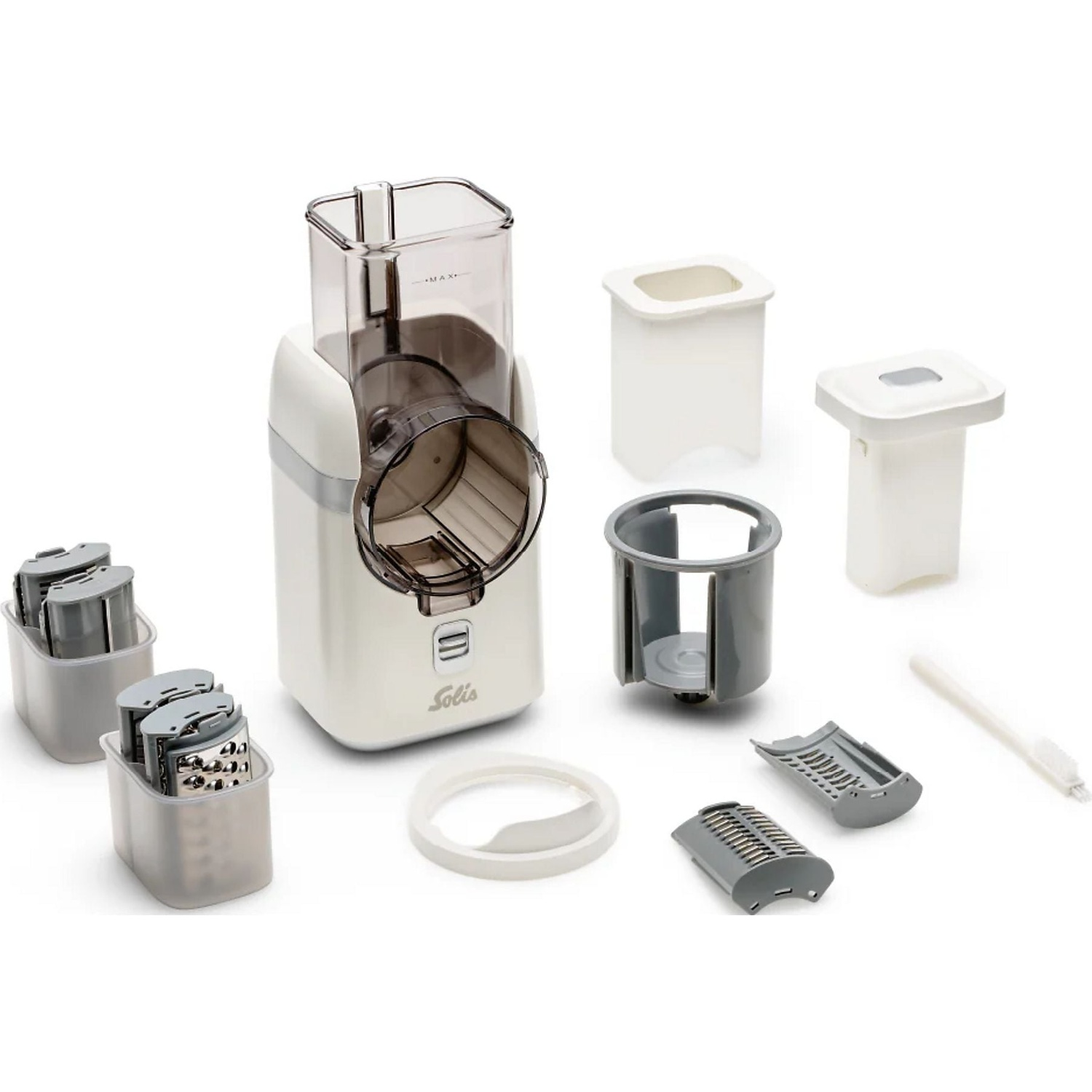 A white Solis brand vegetable slicer with accessories on a white background.