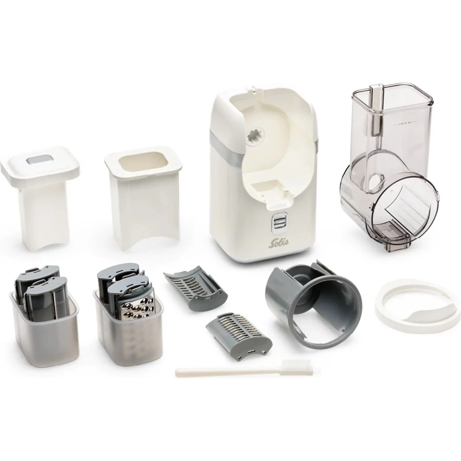 A white and gray food processor attachment set with containers, graters, and a brush.