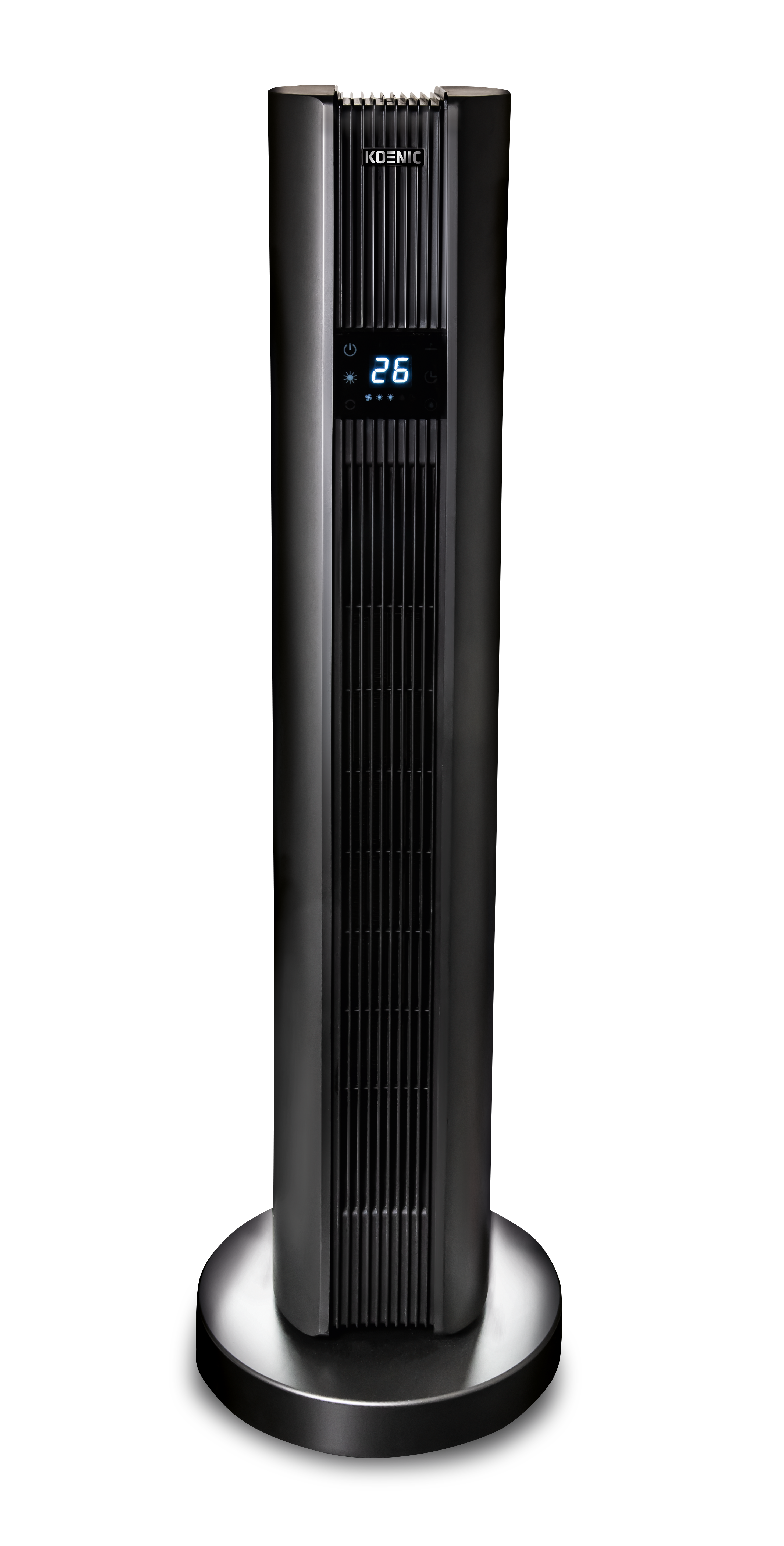 Elegancki, ciemny wentylator wieżowy wyświetlający 26 na cyfrowym ekranie na czarnym tle.