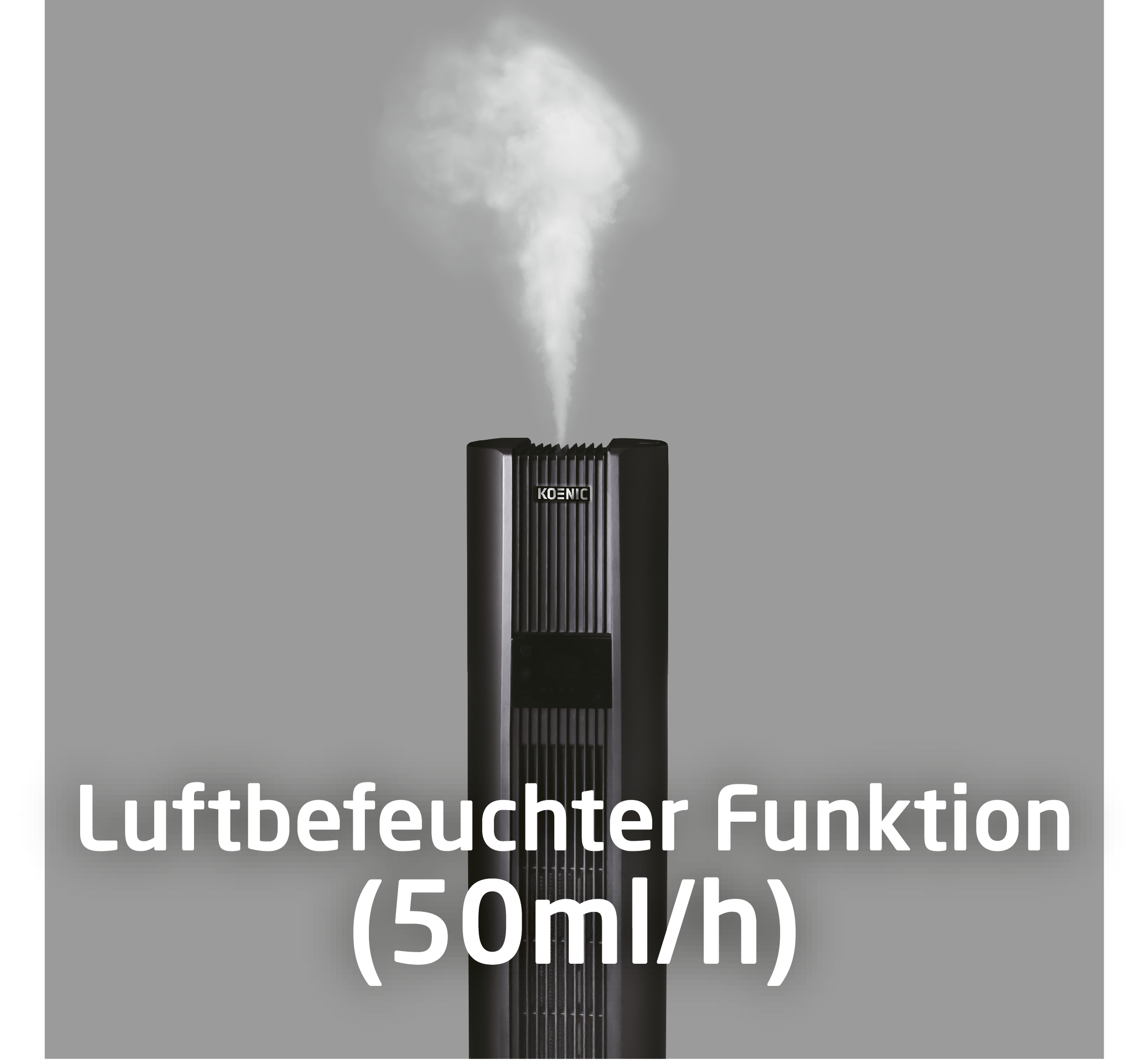 Czarny nawilżacz powietrza emitujący strumień pary do góry.