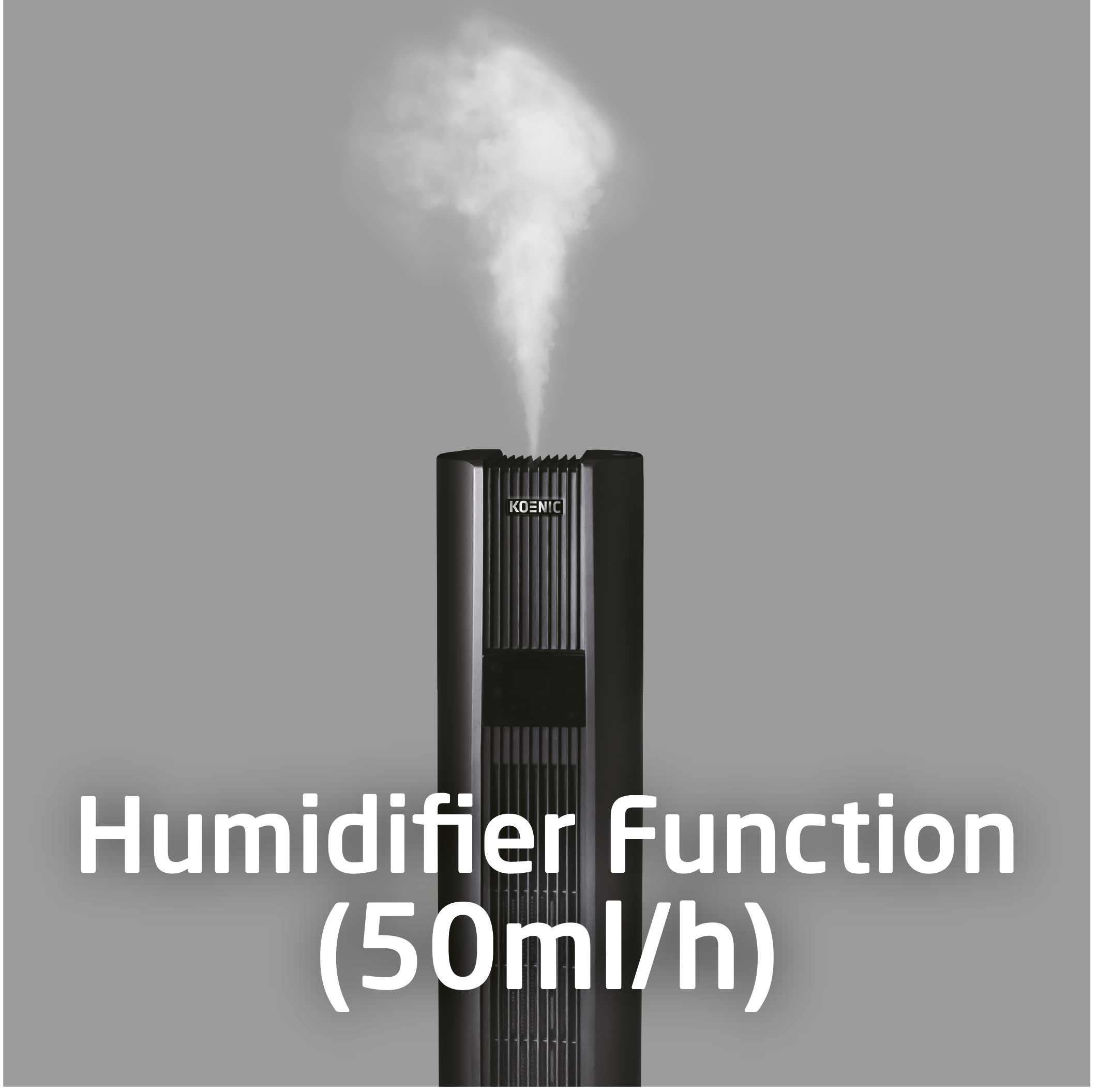 Czarny nawilżacz wydziela mgiełkę. "Humidifier Function (50ml/h)"