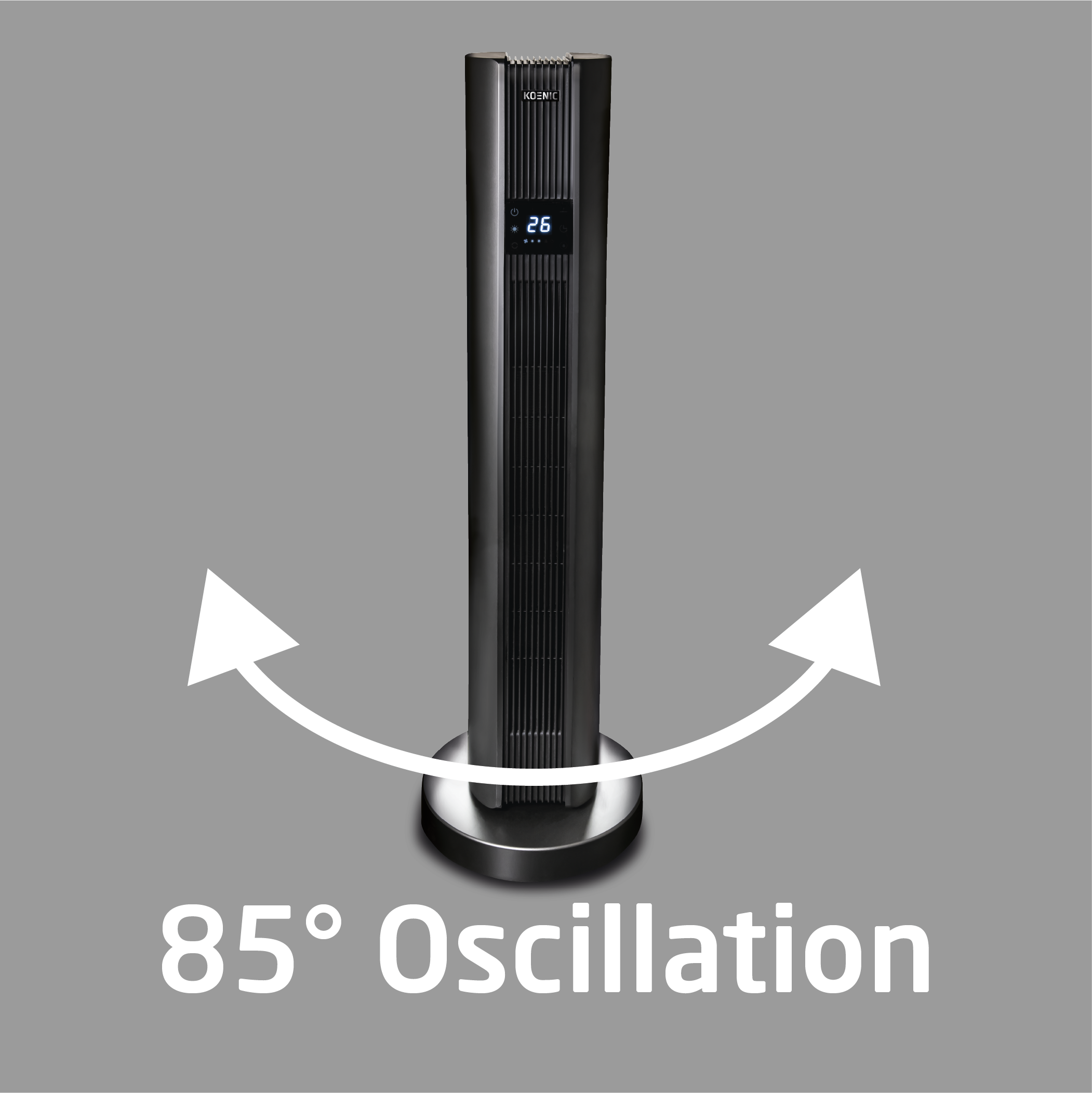 Czarny wentylator wieżowy z oscylacją 85° i cyfrowym wyświetlaczem.