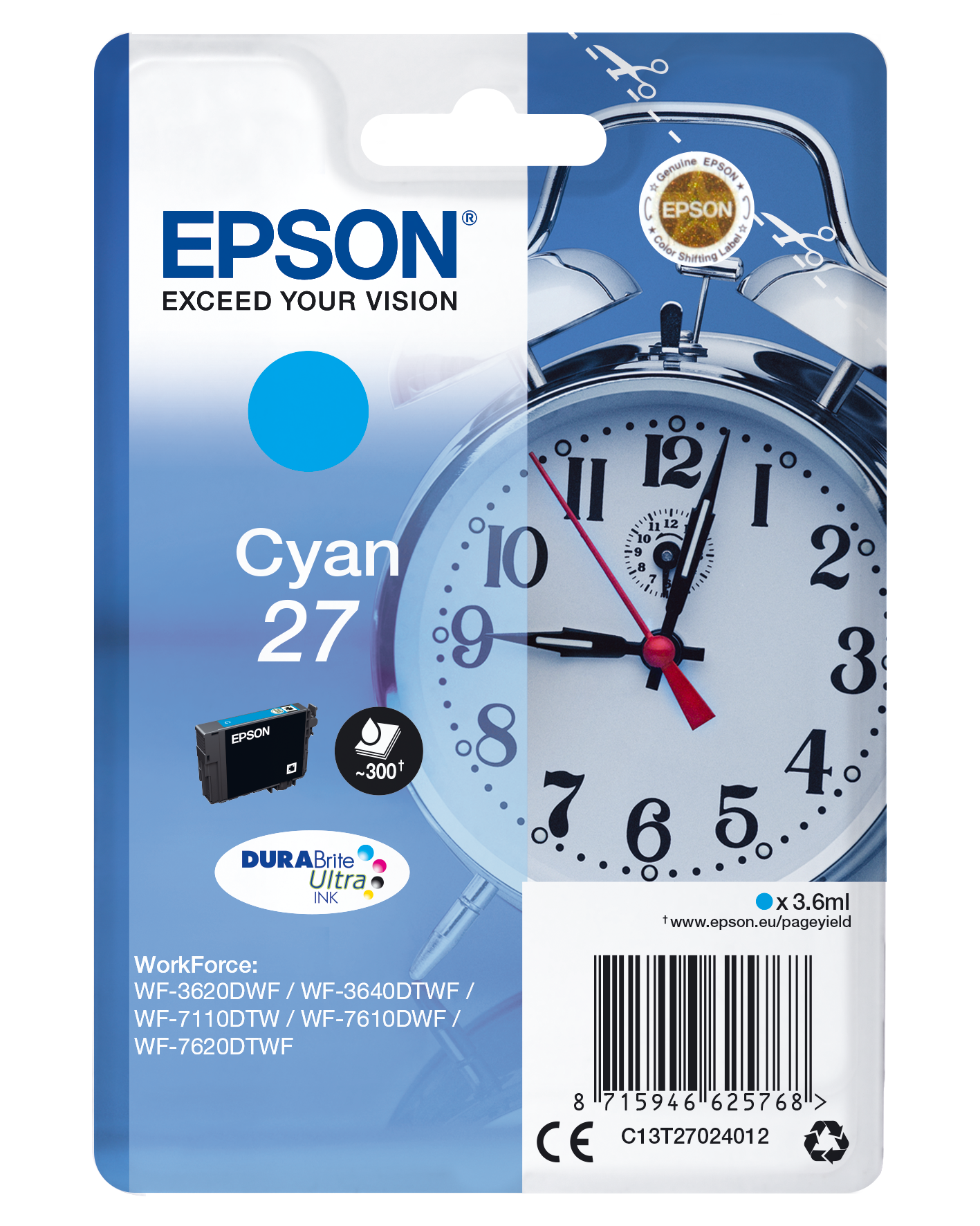 Tusz Epson Cyan 27 w opakowaniu z budzikiem i informacjami o produkcie.