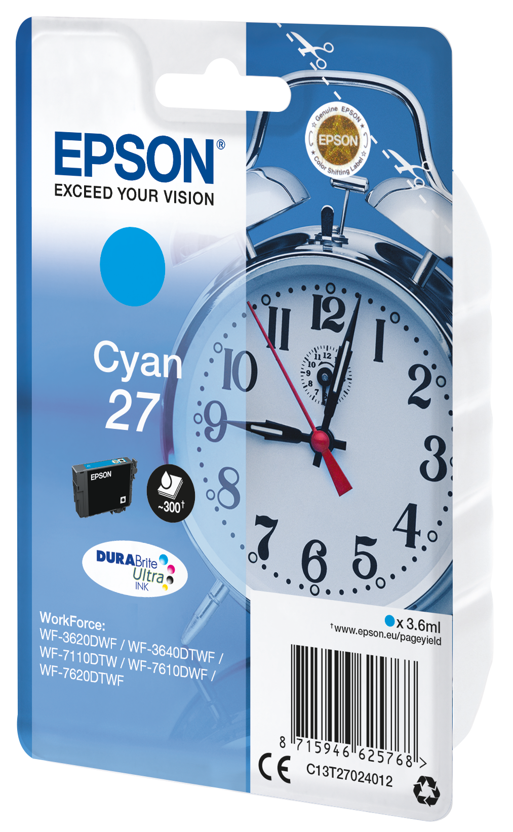 Tusz Epson Cyan 27 z grafiką budzika i detalami produktu.