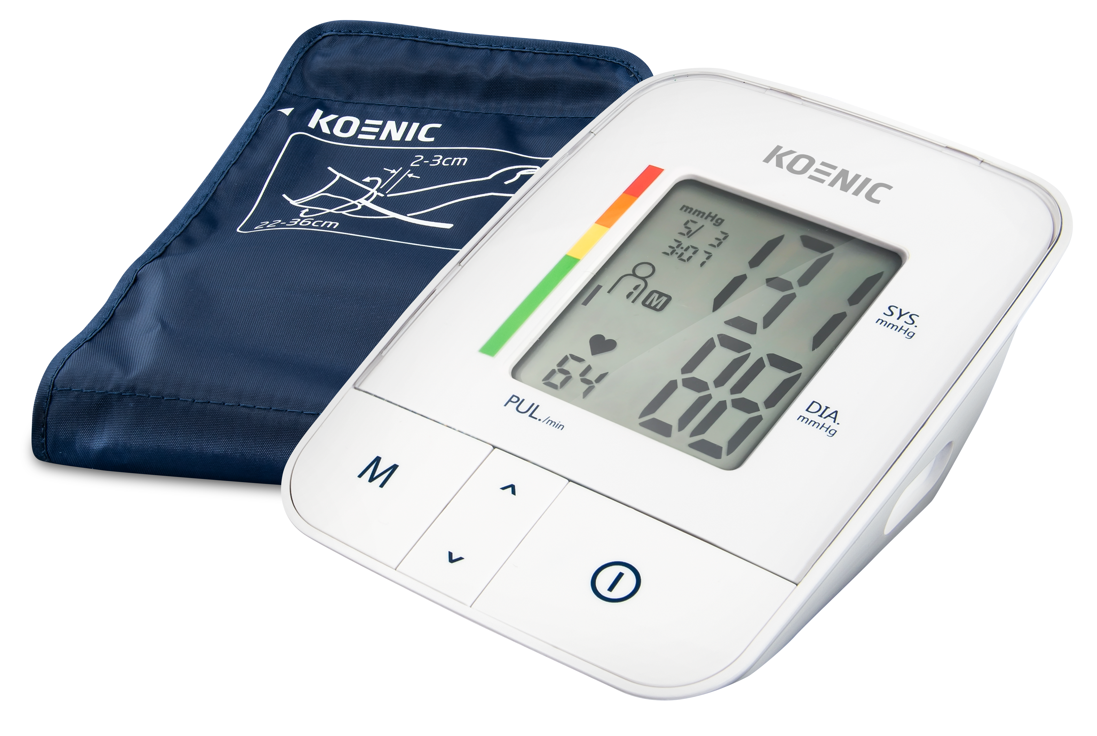 Biały ciśnieniomierz z mankietem. Cyfrowy wyświetlacz pokazuje odczyty.