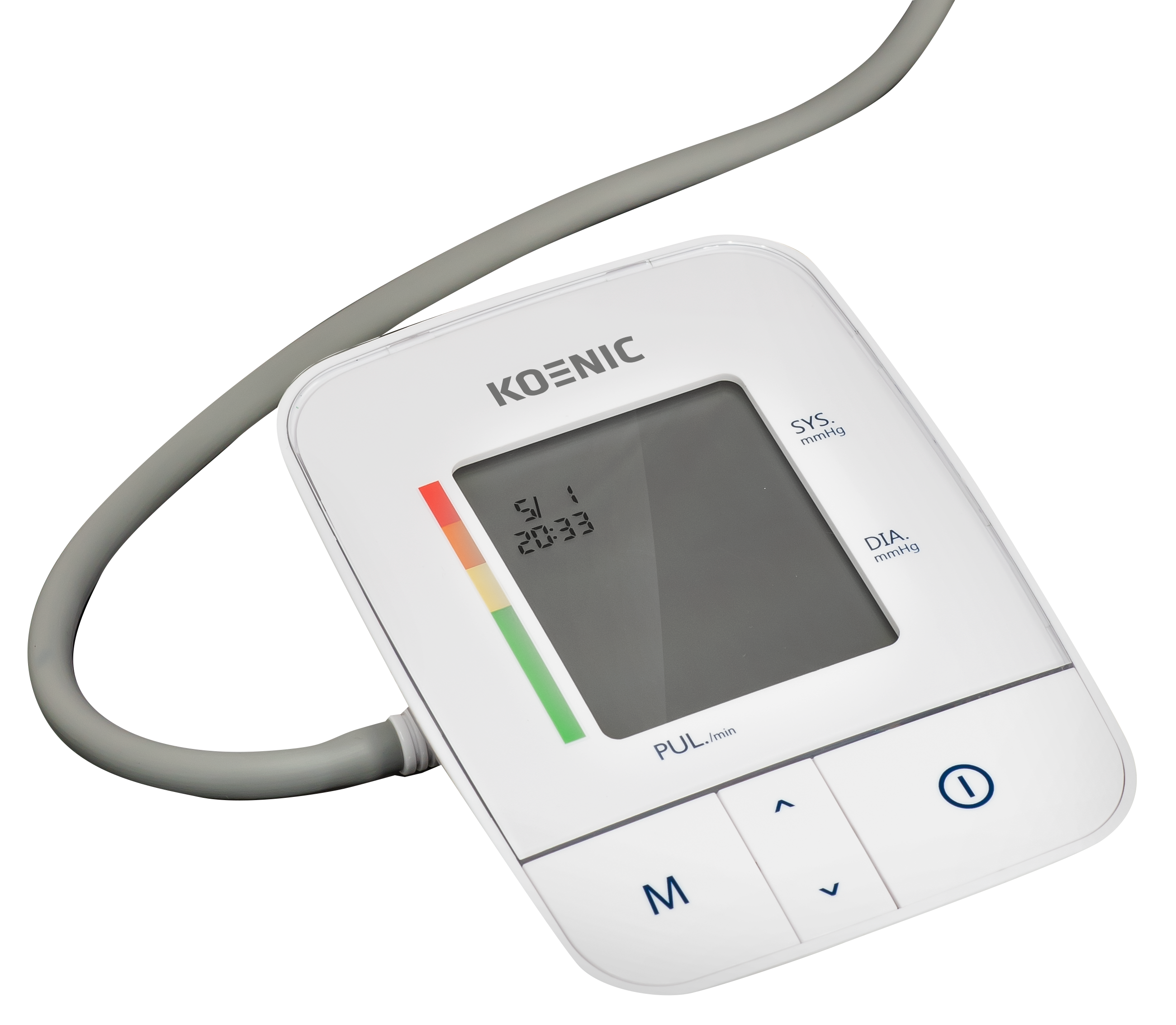 Biały ciśnieniomierz z szarym wężem i cyfrowym wyświetlaczem.