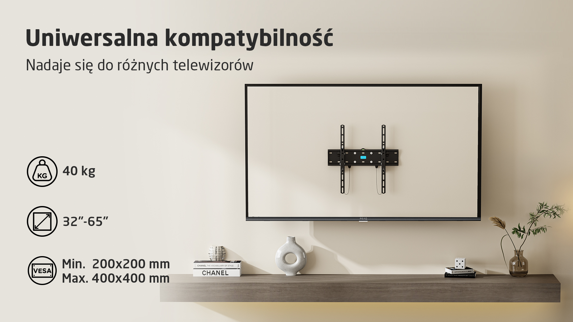 Uchwyt TV do telewizorów 32-65 cali do 40 kg, VESA 200-400mm.