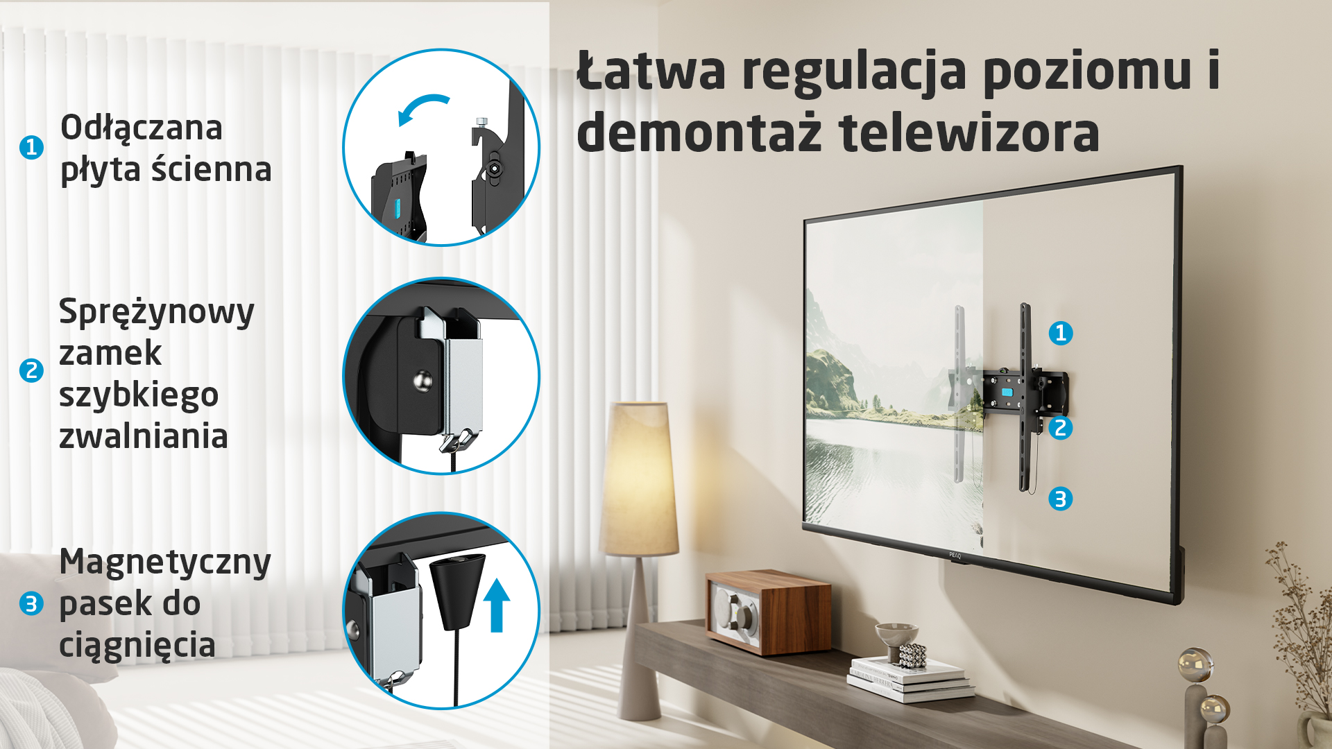 Uchwyt TV z odłączaną płytą, blokadą sprężynową i paskiem magnetycznym.