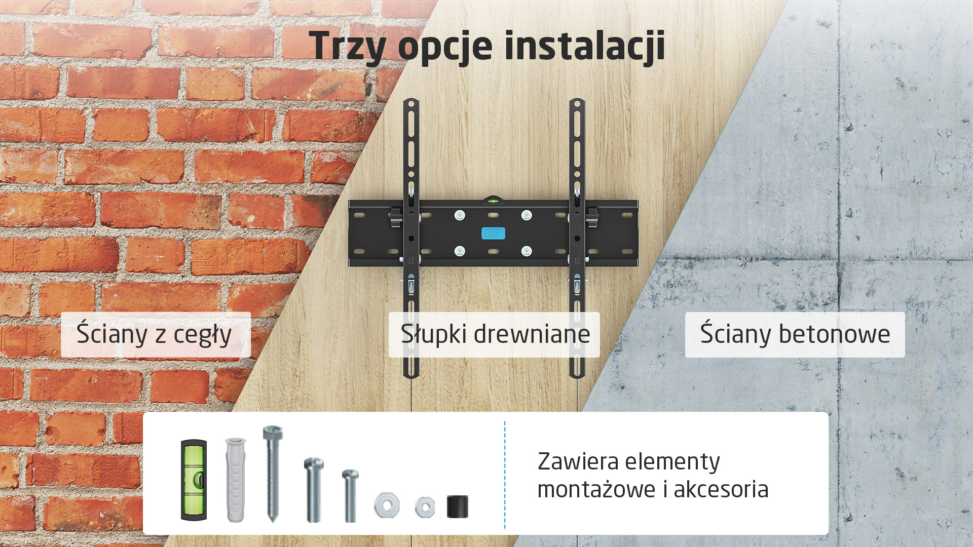 Czarny uchwyt TV na tle ścian z cegły, drewna i betonu.