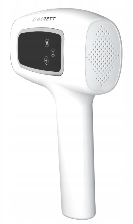 Białe urządzenie z rączką i czarnym panelem sterowania z ikonami.