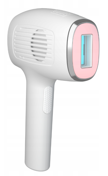 Białe urządzenie do depilacji IPL ze srebrną ramką i różowym akcentem.
