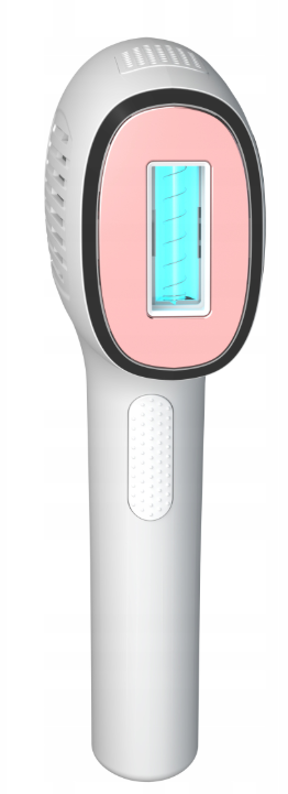 Białe urządzenie do depilacji IPL z różowo-niebieskim elementem świetlnym.