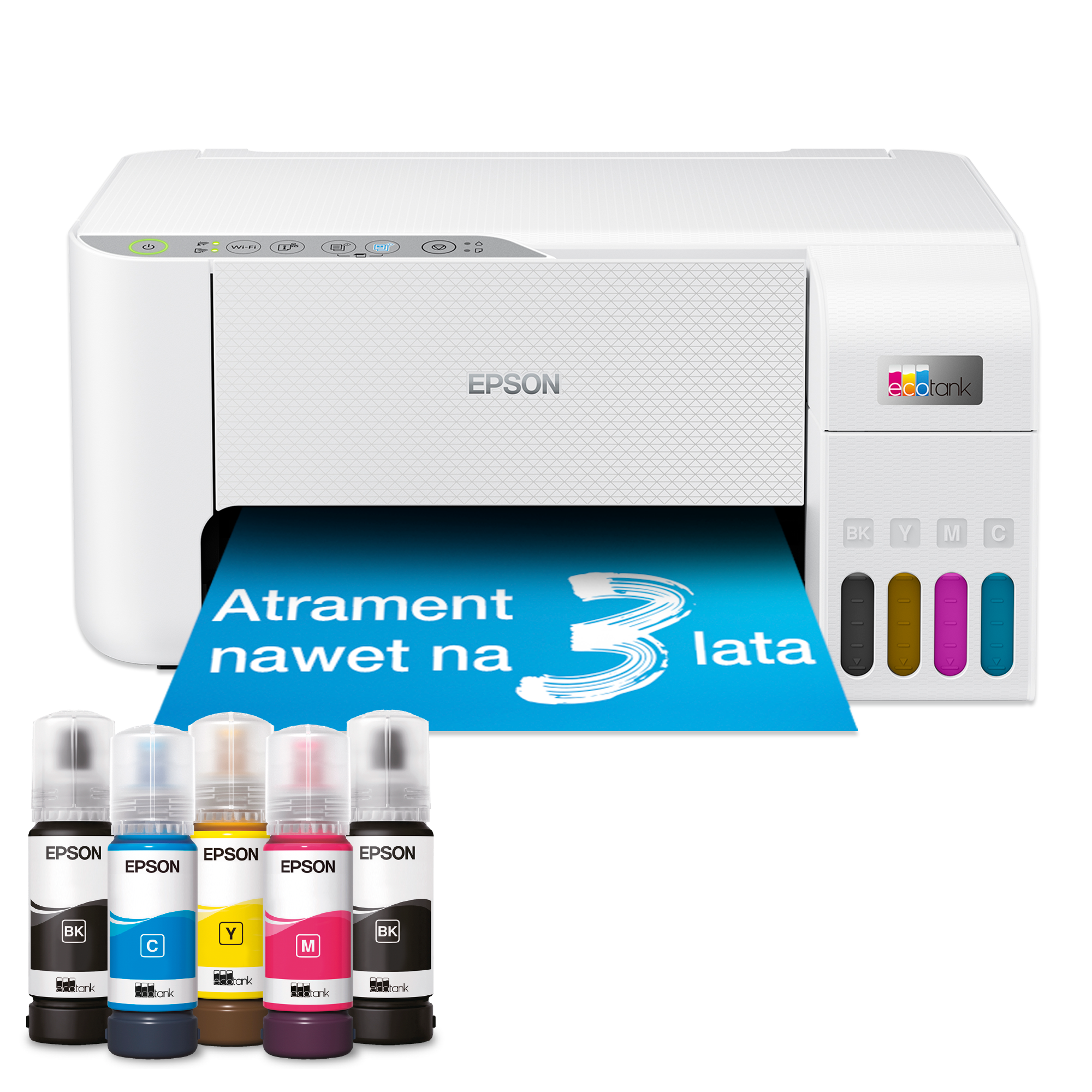 Biała drukarka Epson EcoTank z butelkami tuszu czarnego, cyjan, żółtego i magenta.