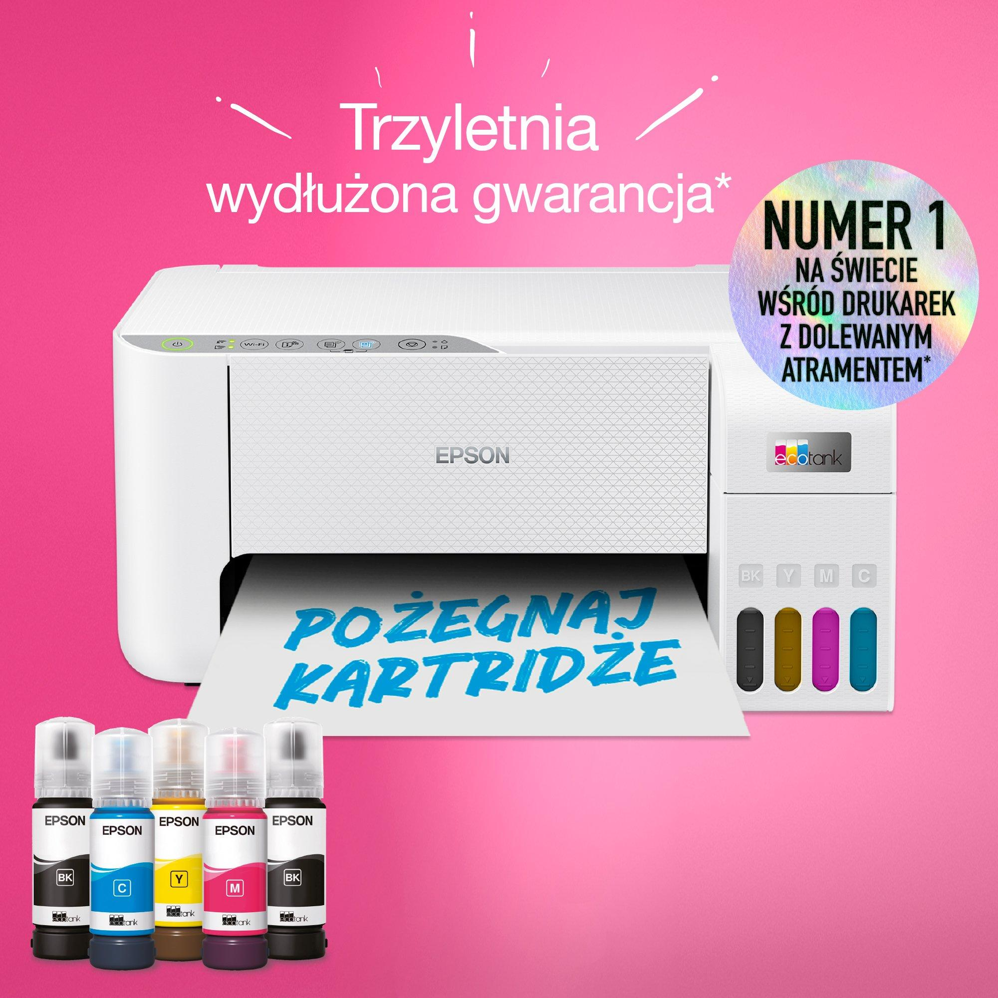 Drukarka Epson EcoTank z butelkami z tuszem i 3-letnią gwarancją.