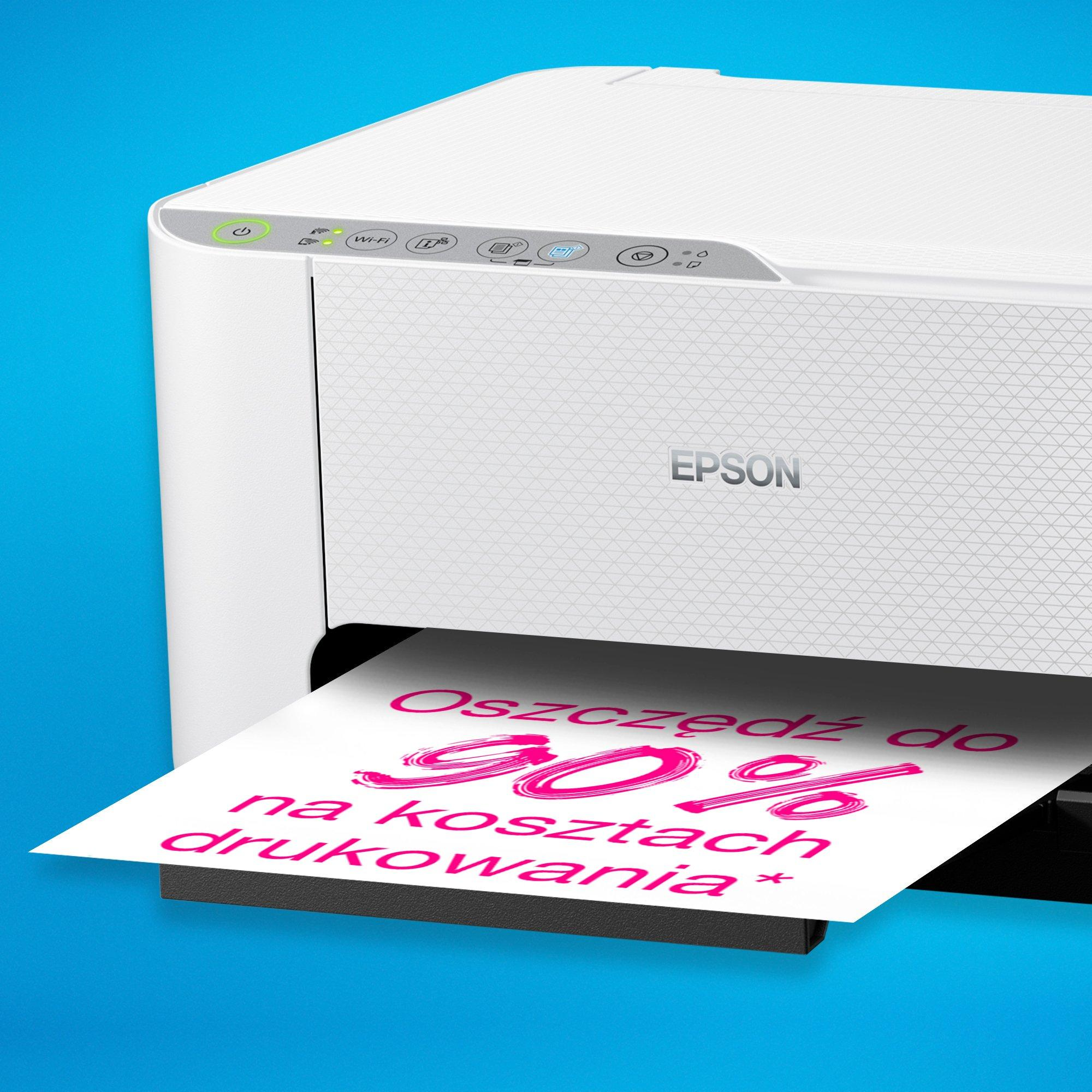 Biała drukarka Epson drukuje kartkę z "90%" na różowo.