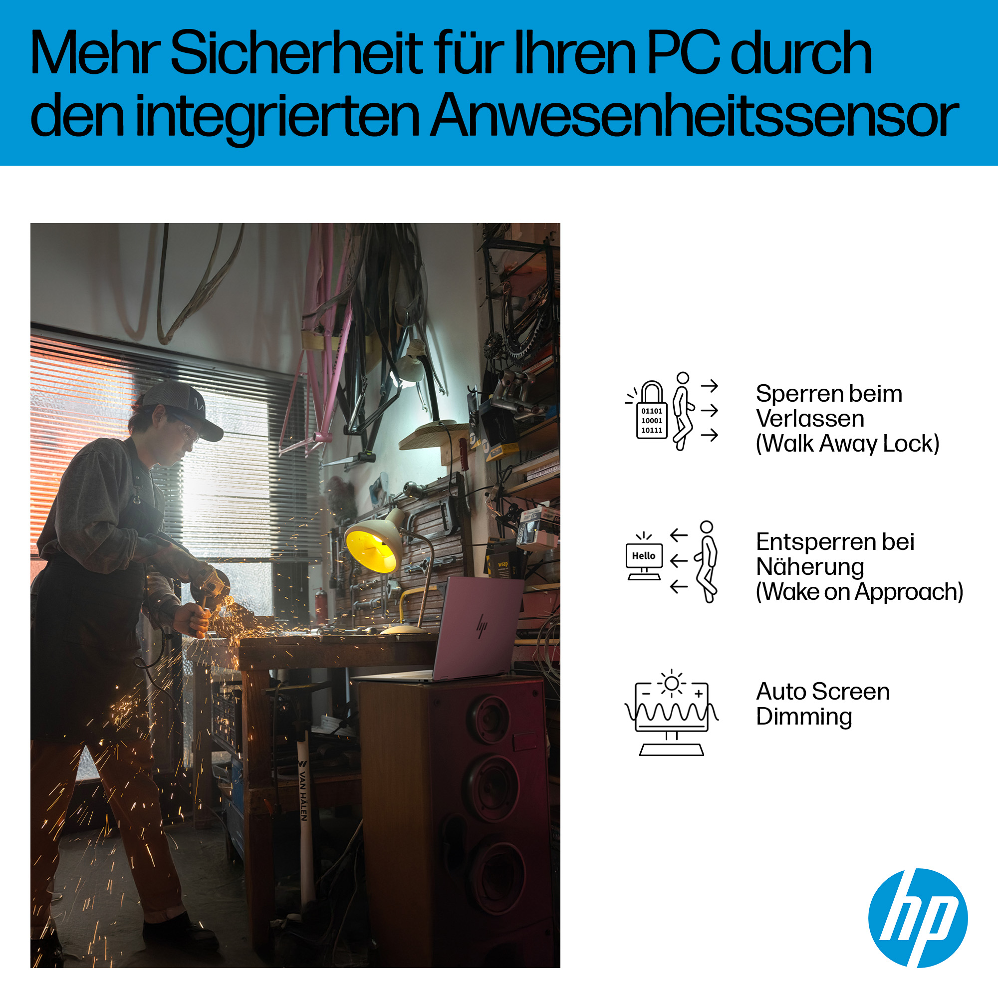 Mann schleift Metall, Funken fliegen. Laptop auf Lautsprecher. Icons für PC-Sicherheit.