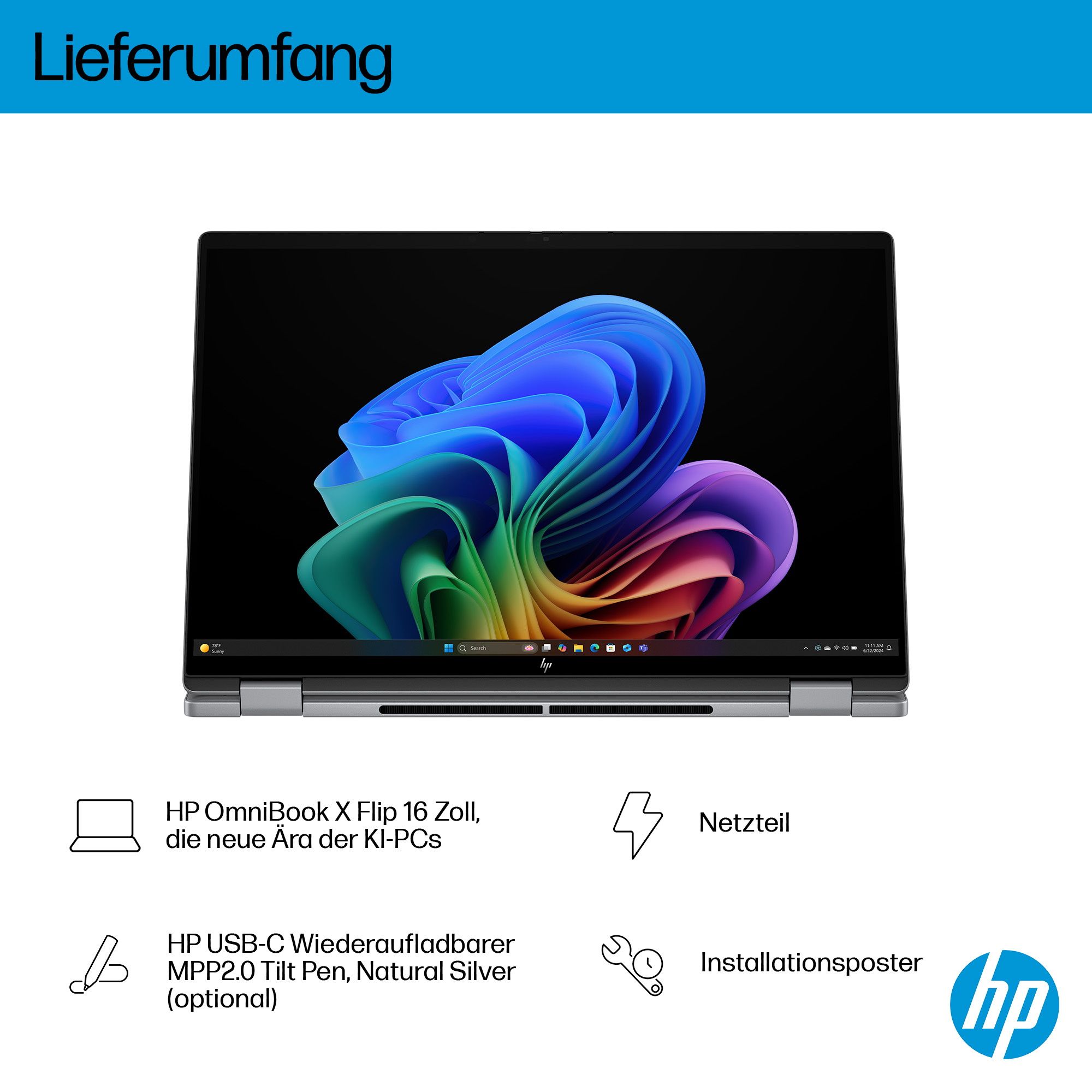 HP Laptop mit buntem Hintergrund, Zubehör und HP Logo.