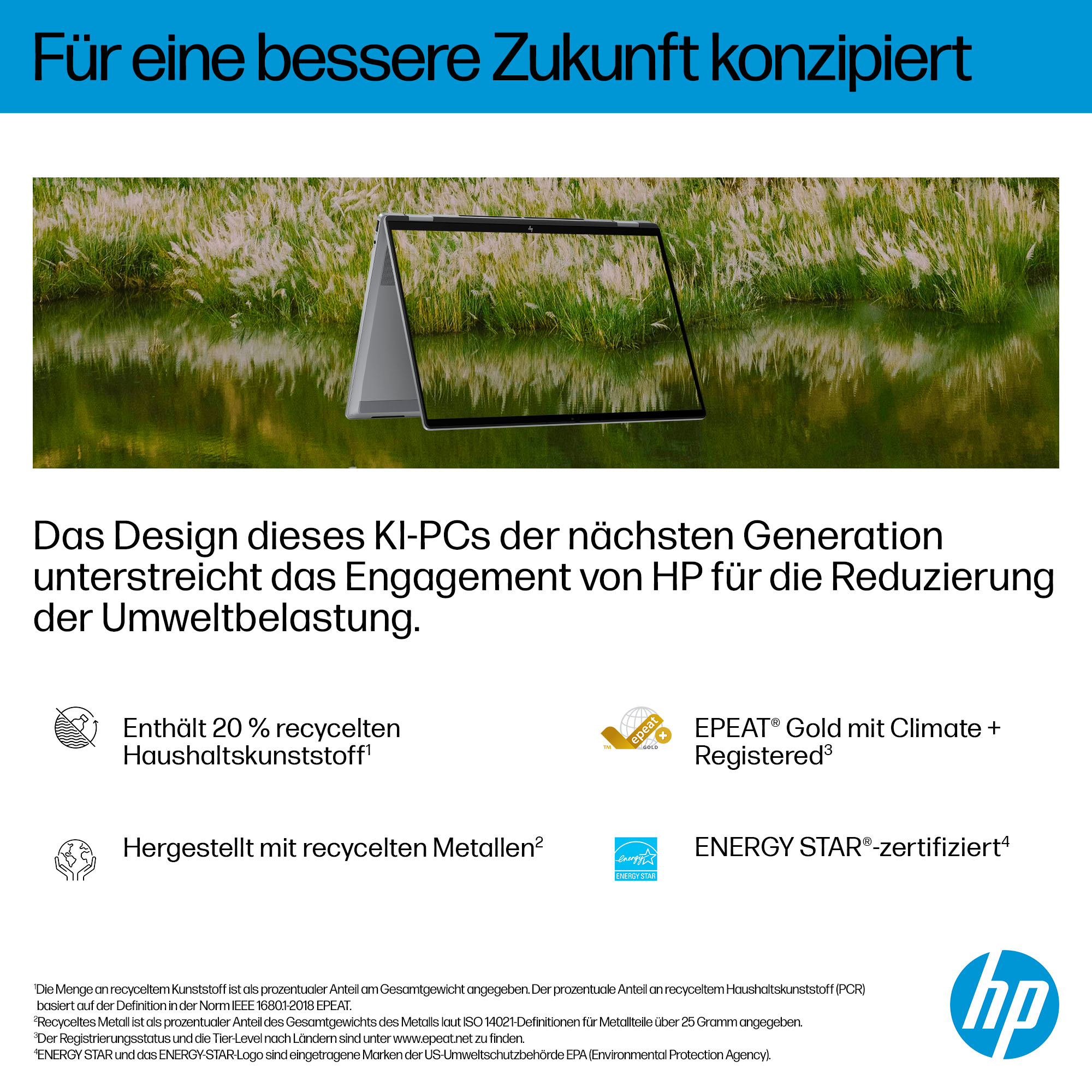 Ein Laptop steht vor einem Feld mit hohen Gräsern und Spiegelung im Wasser.