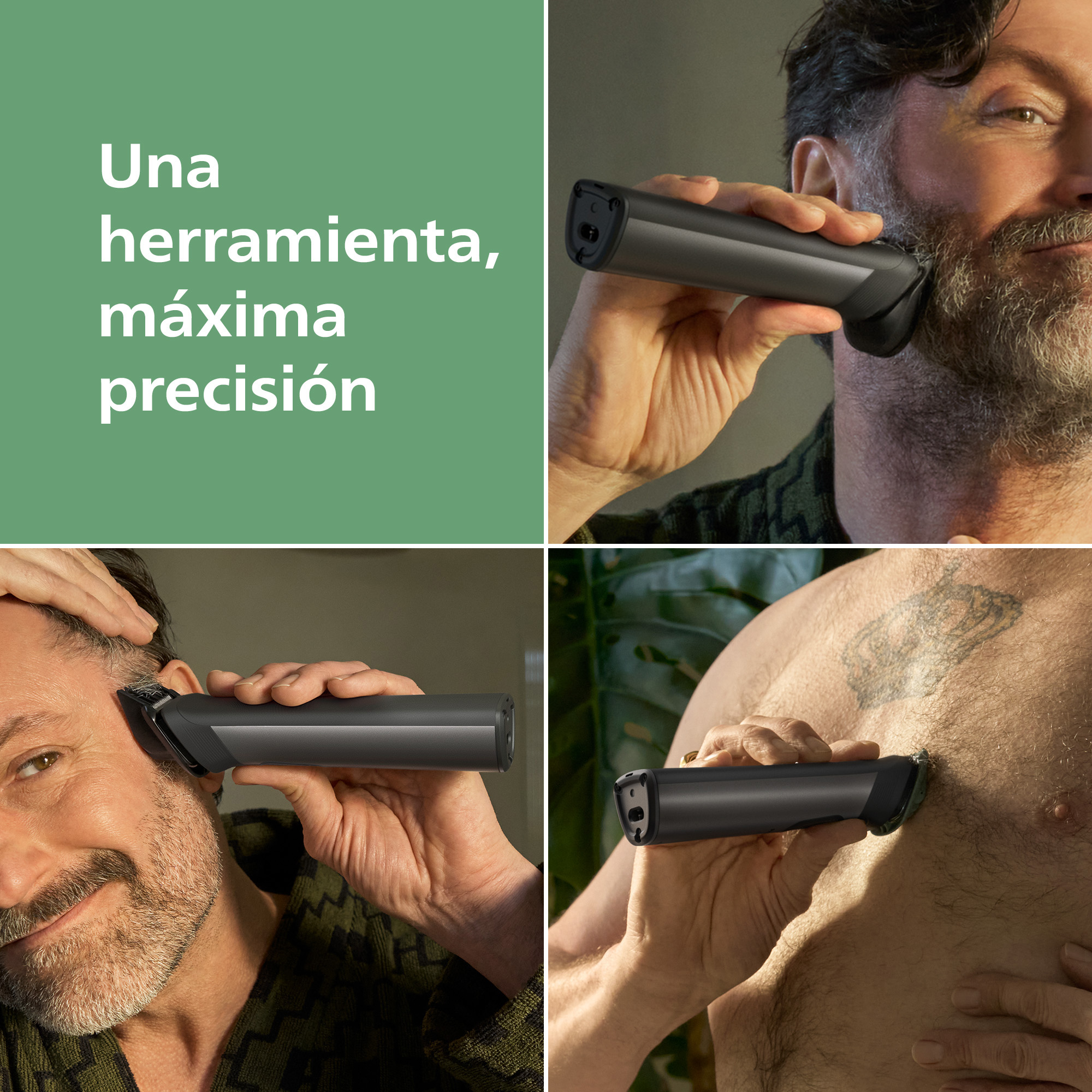 Hombres se arreglan el pelo de la cara, cabeza y pecho con un recortador negro.