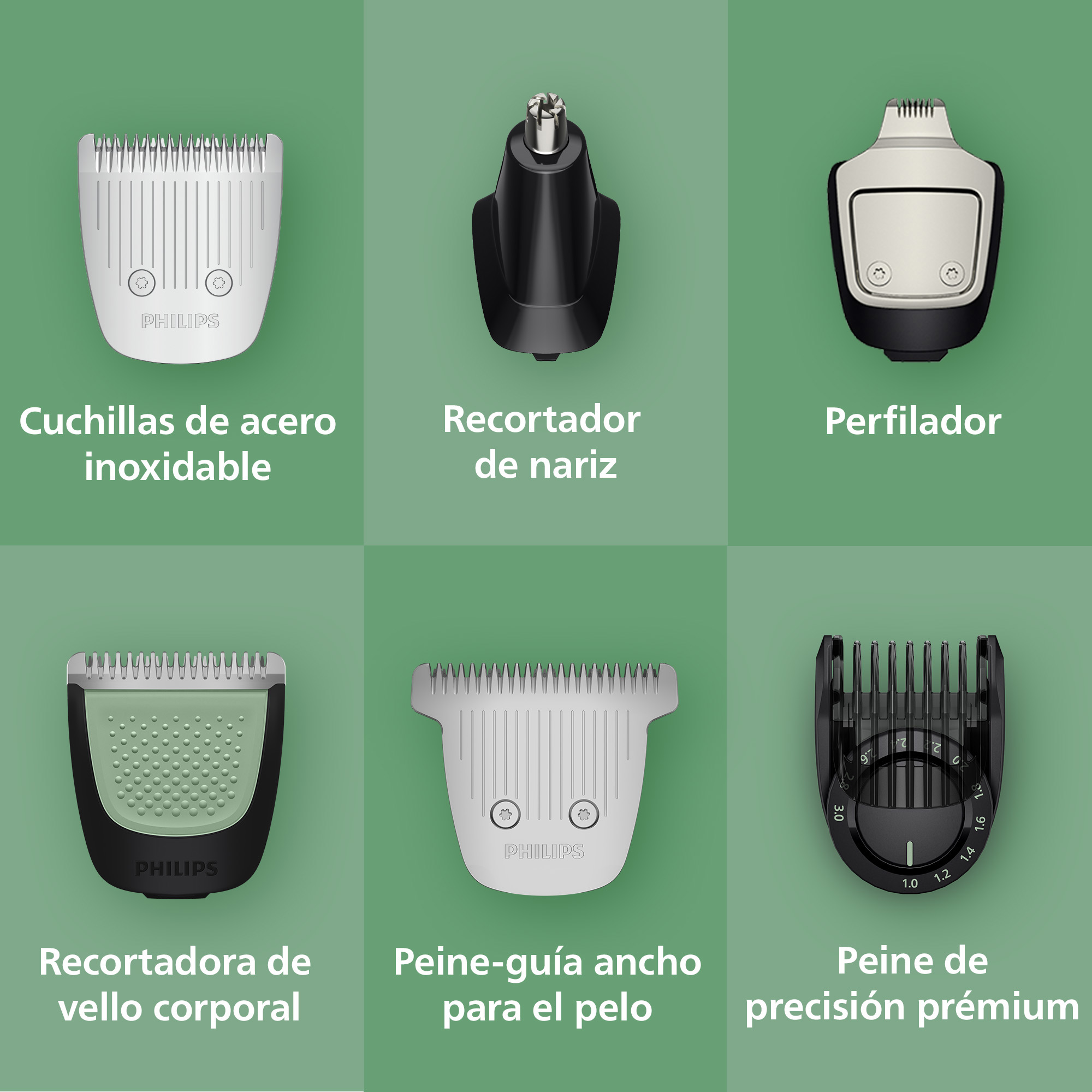 Seis accesorios Philips: cuchillas, recortador de nariz, perfilador, recortadora corporal, peine ancho, peine de precisión.