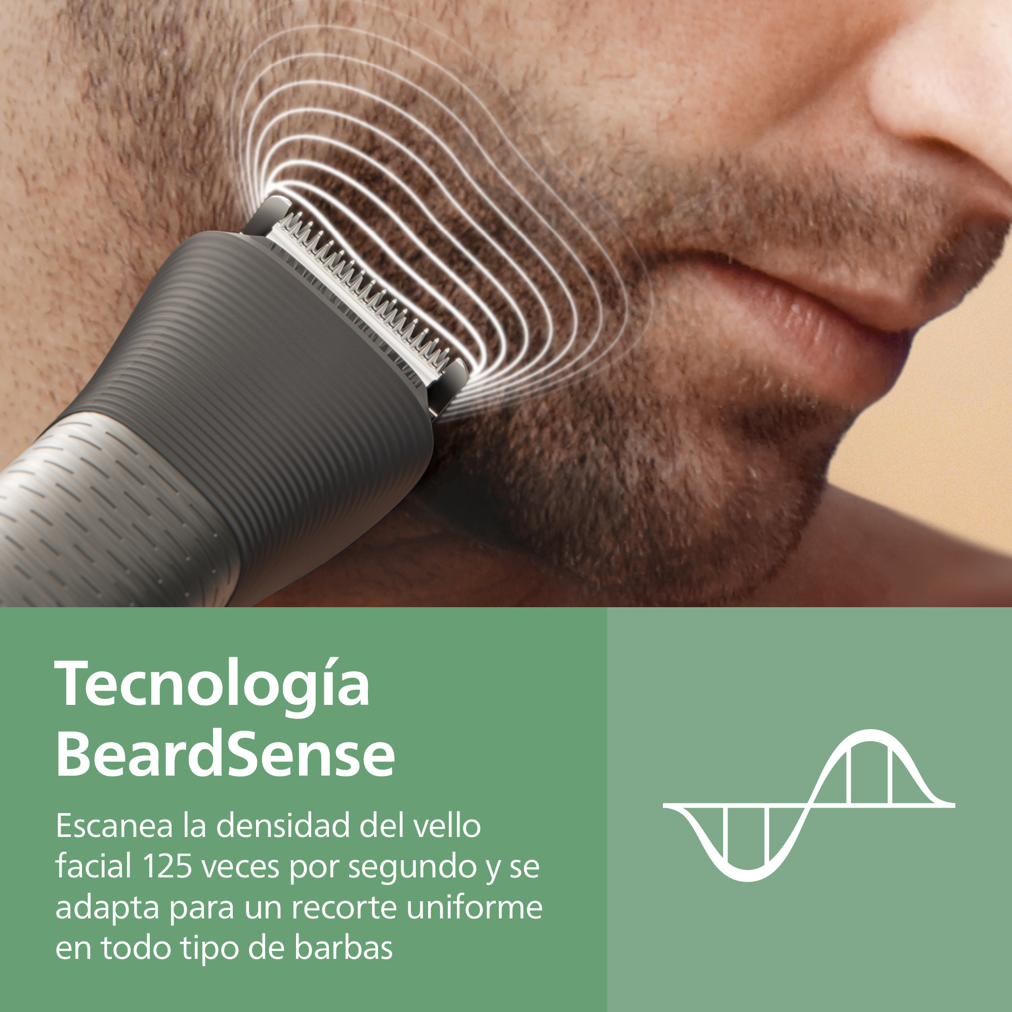 Una recortadora corta una barba; ondas blancas indican tecnología.