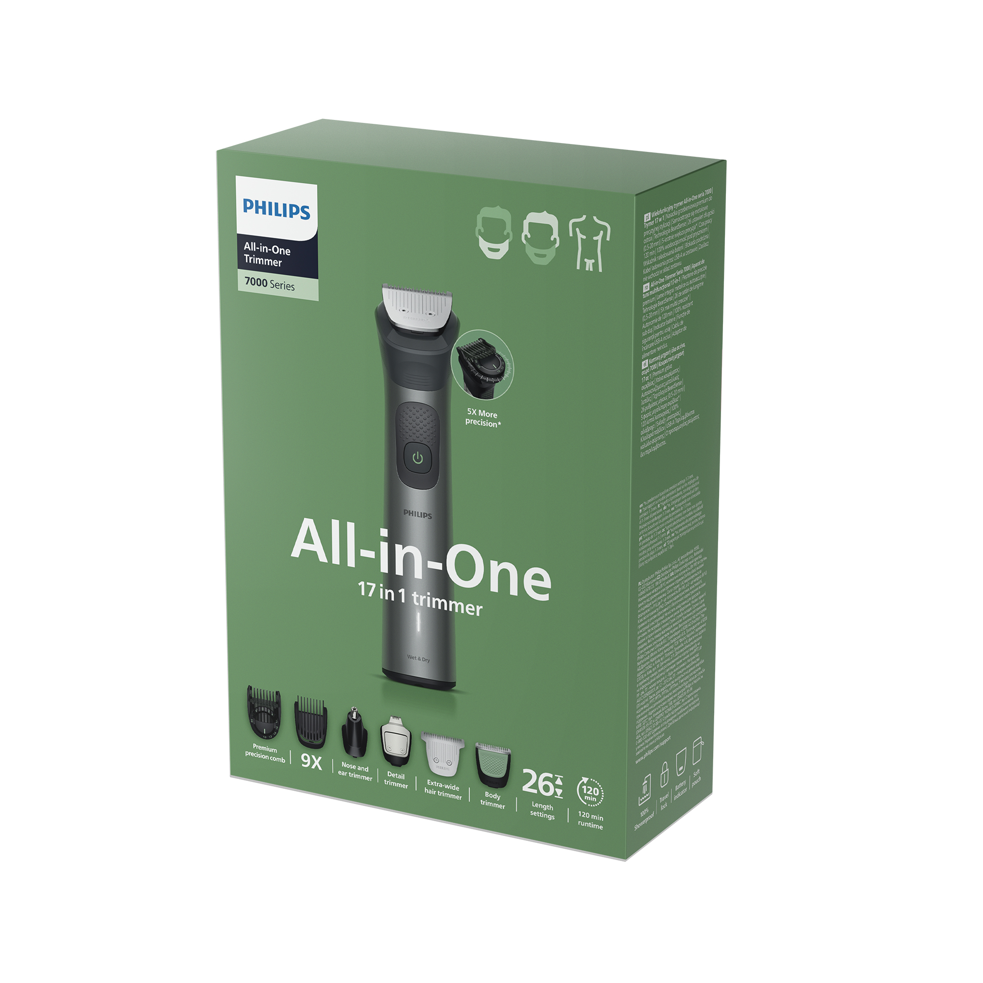 Caja de recortadora Philips All-in-One 7000 Series con recortadora y accesorios.
