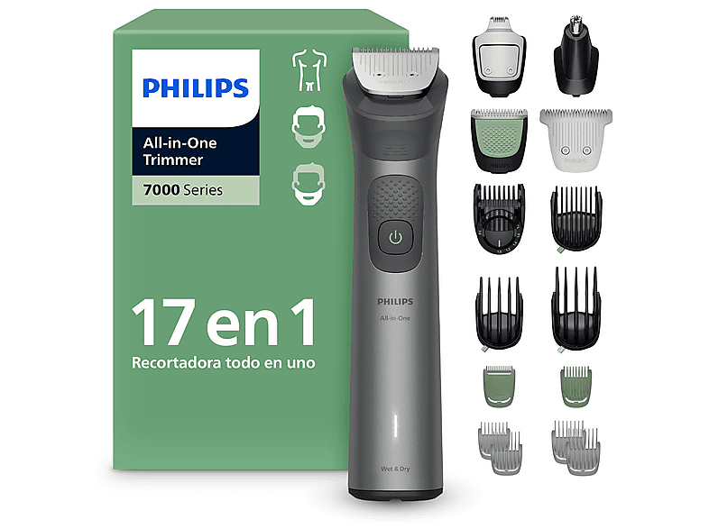 Afeitadora corporal - Philips All in One S7000 MG7951/15, Recortador 17 en 1, Precisión 0,2 mm, BeardSense, Autoafilable, 120min, Uso Seco/Mojado
