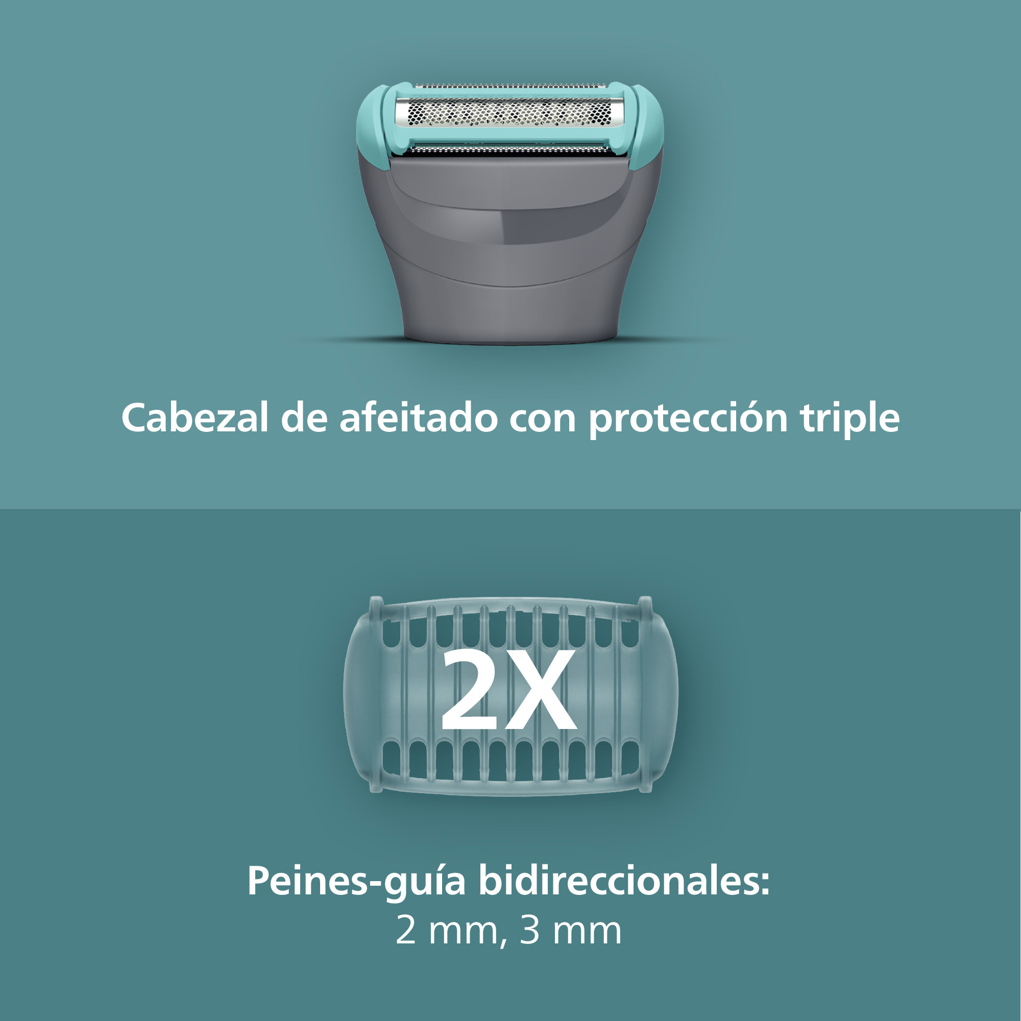 Cabezal de afeitado con triple protección. Peines guía bidireccionales: 2 mm, 3 mm.