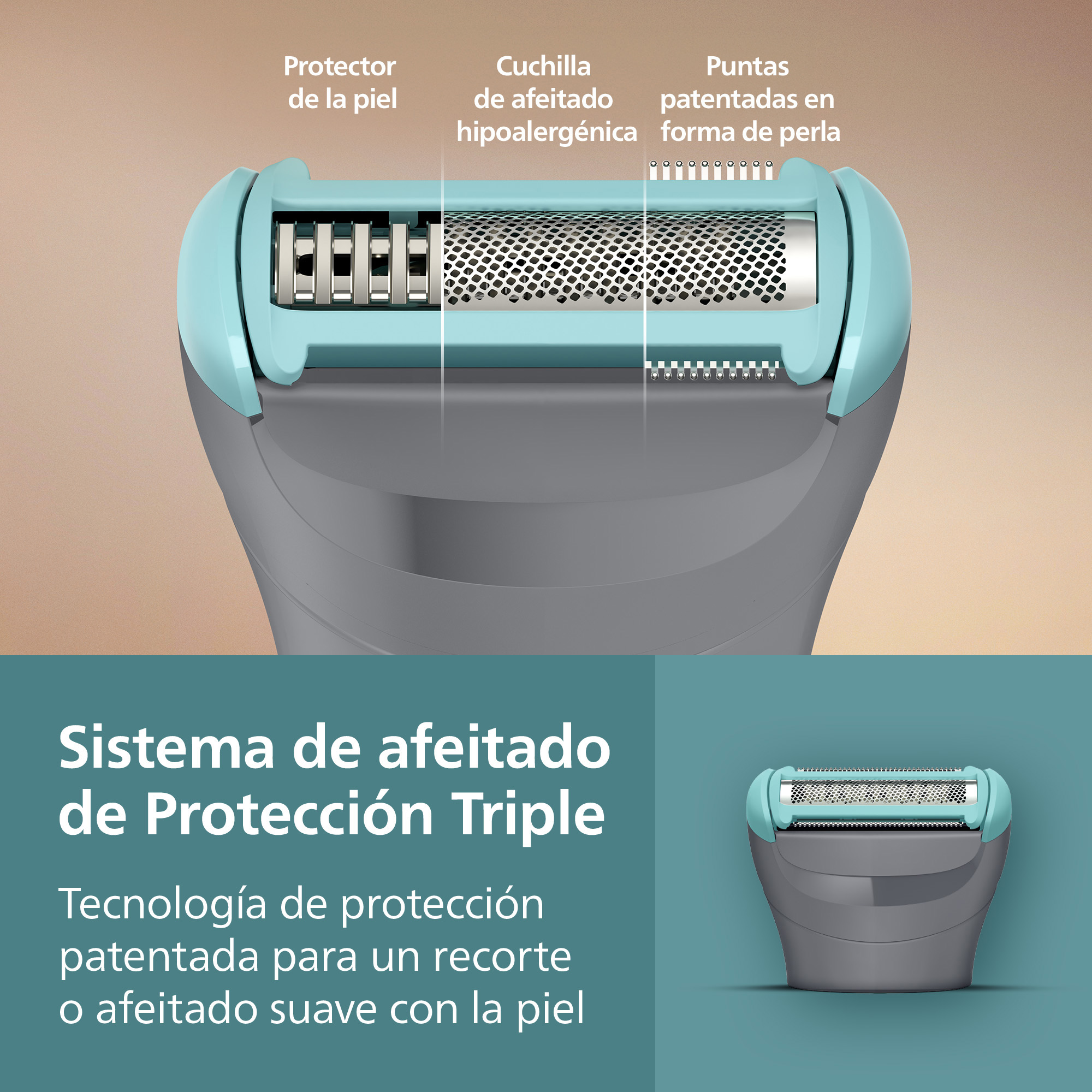 Rasuradora femenina con sistema de triple protección: protector de piel, cuchilla y puntas de perla.