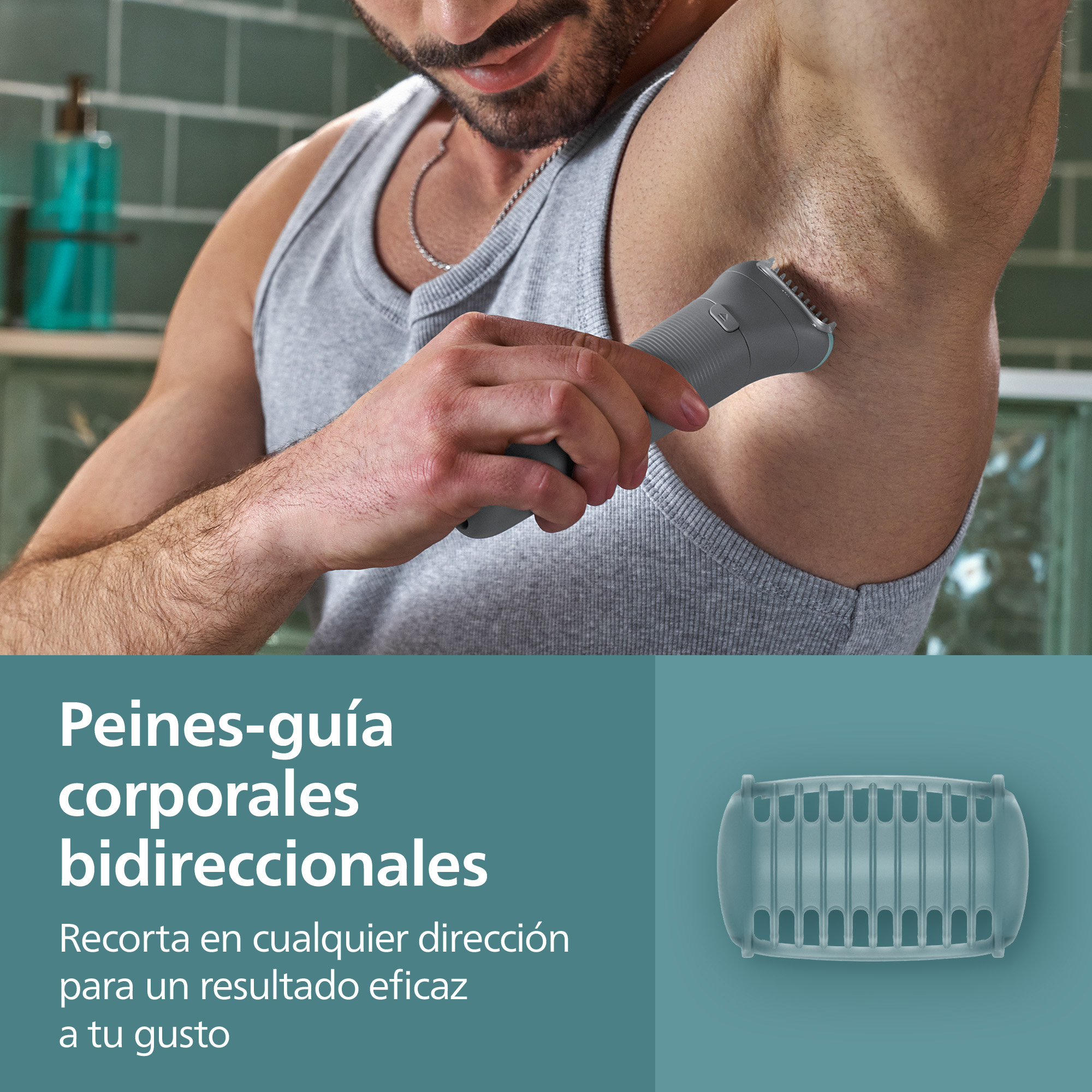 Hombre se recorta vello axilar con recortadora. Accesorio al lado.