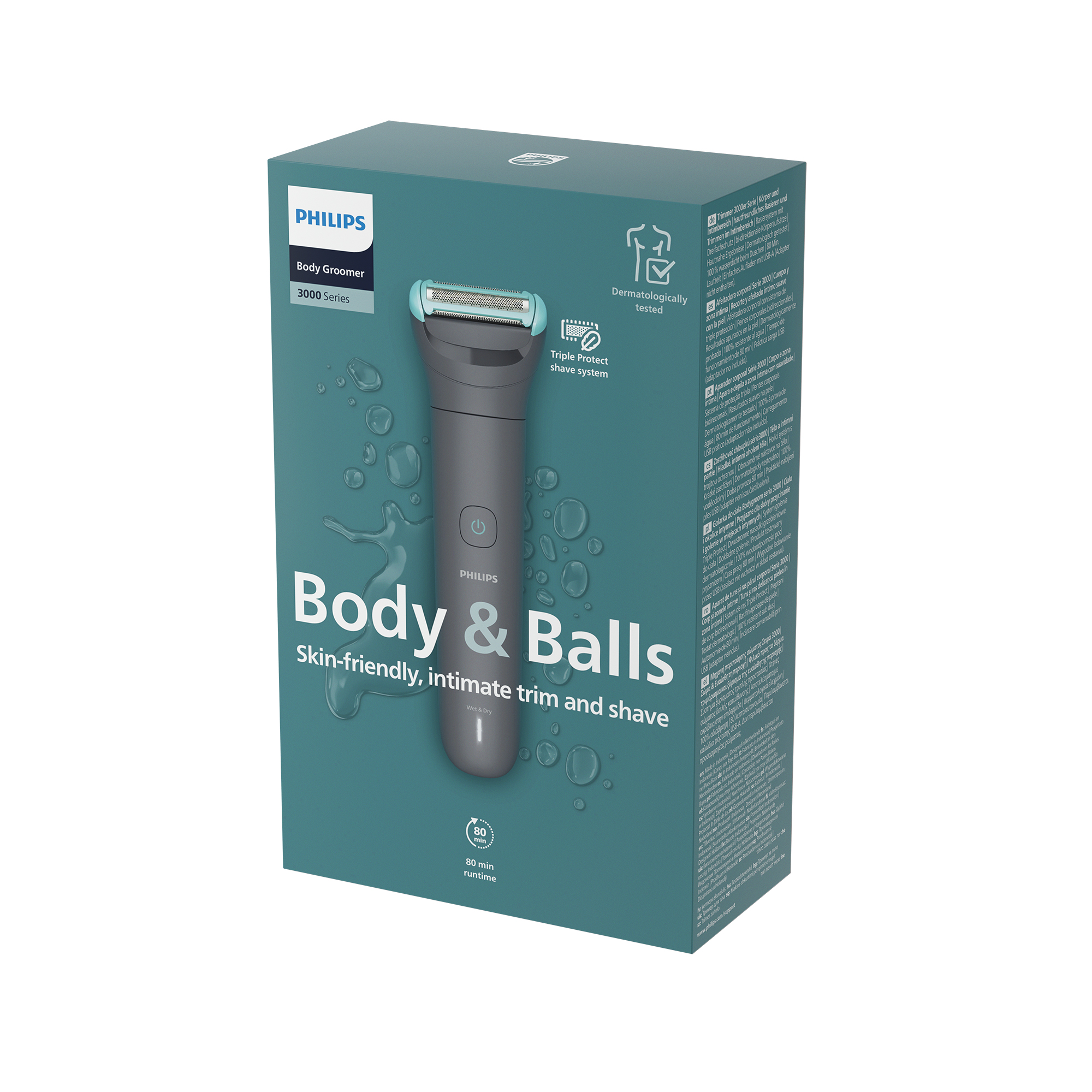 Embalaje Philips Body Groomer Serie 3000 con dispositivo, motivo de ducha y texto.