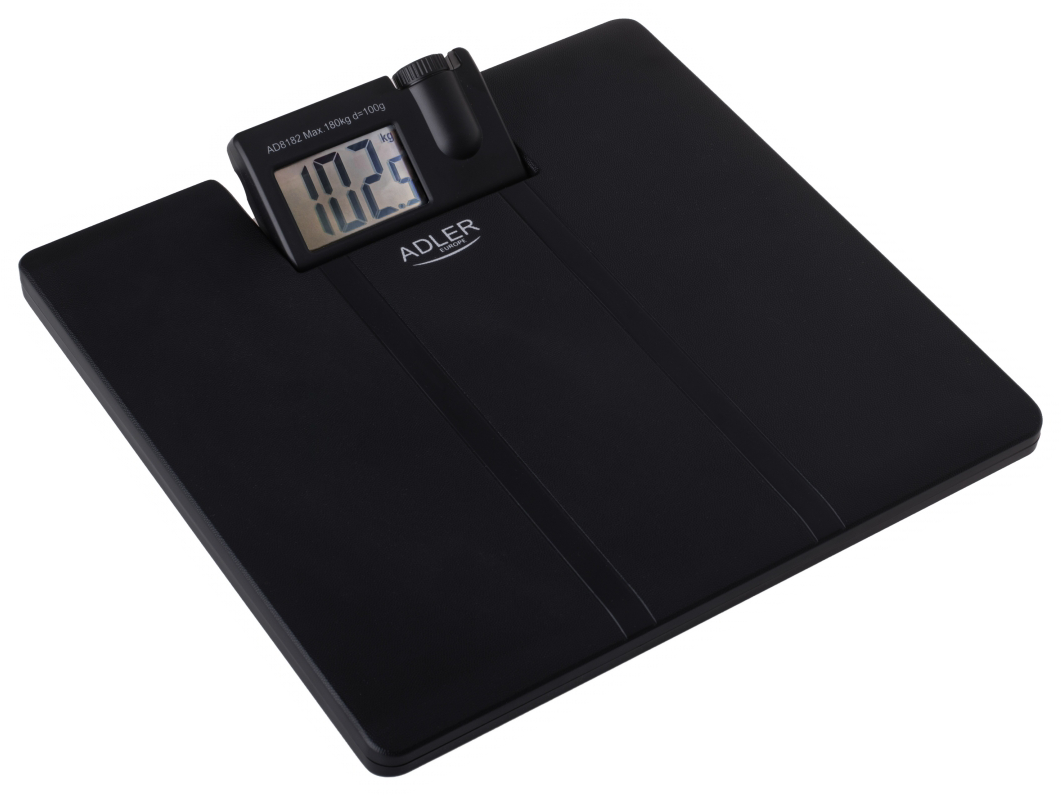 Fekete digitális személymérleg LCD kijelzővel, 102,2 kg-ot mutat.