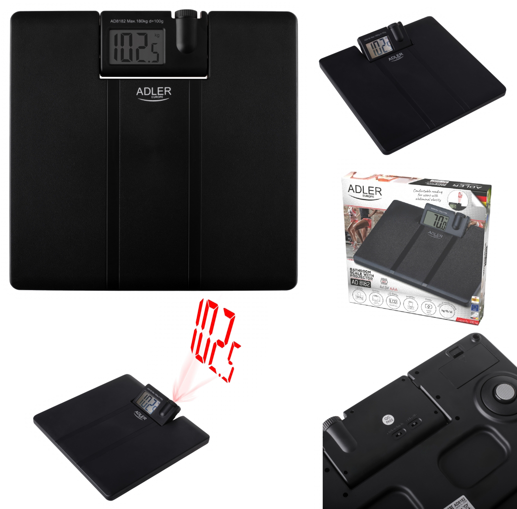 Fekete digitális fürdőszobai mérleg 102,5 kg kijelzéssel az LCD-n.