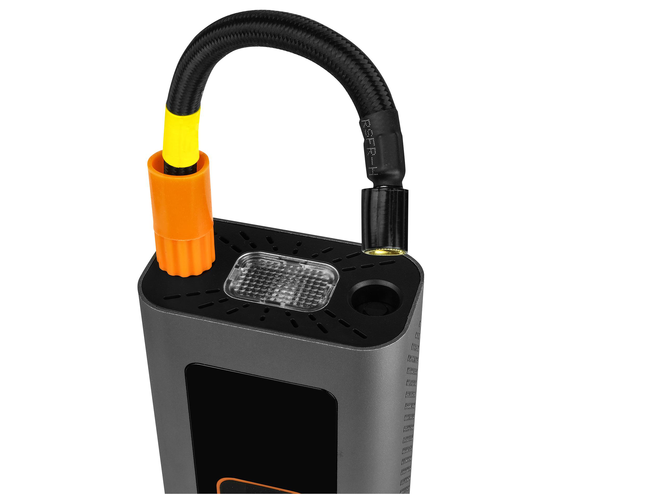Grauer Kompressor mit schwarzem Schlauch, gelbem und orangefarbenem Anschluss.