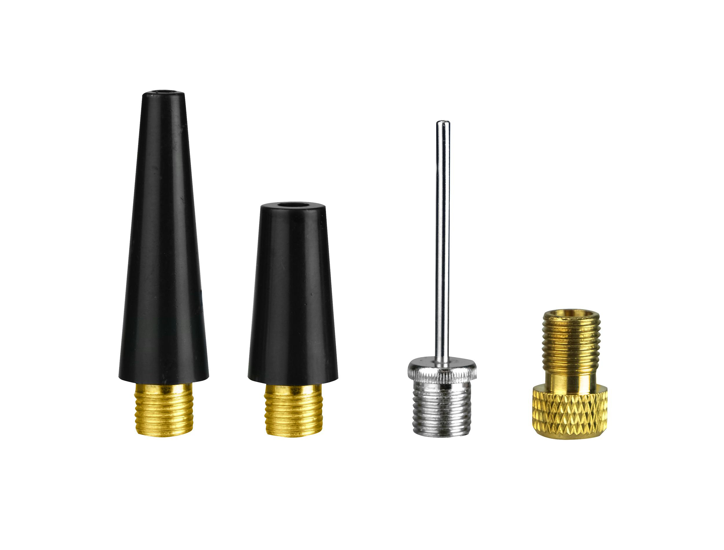 Vier Fahrradventiladapter: zwei schwarze Kegel, eine Nadel und ein goldener Adapter.
