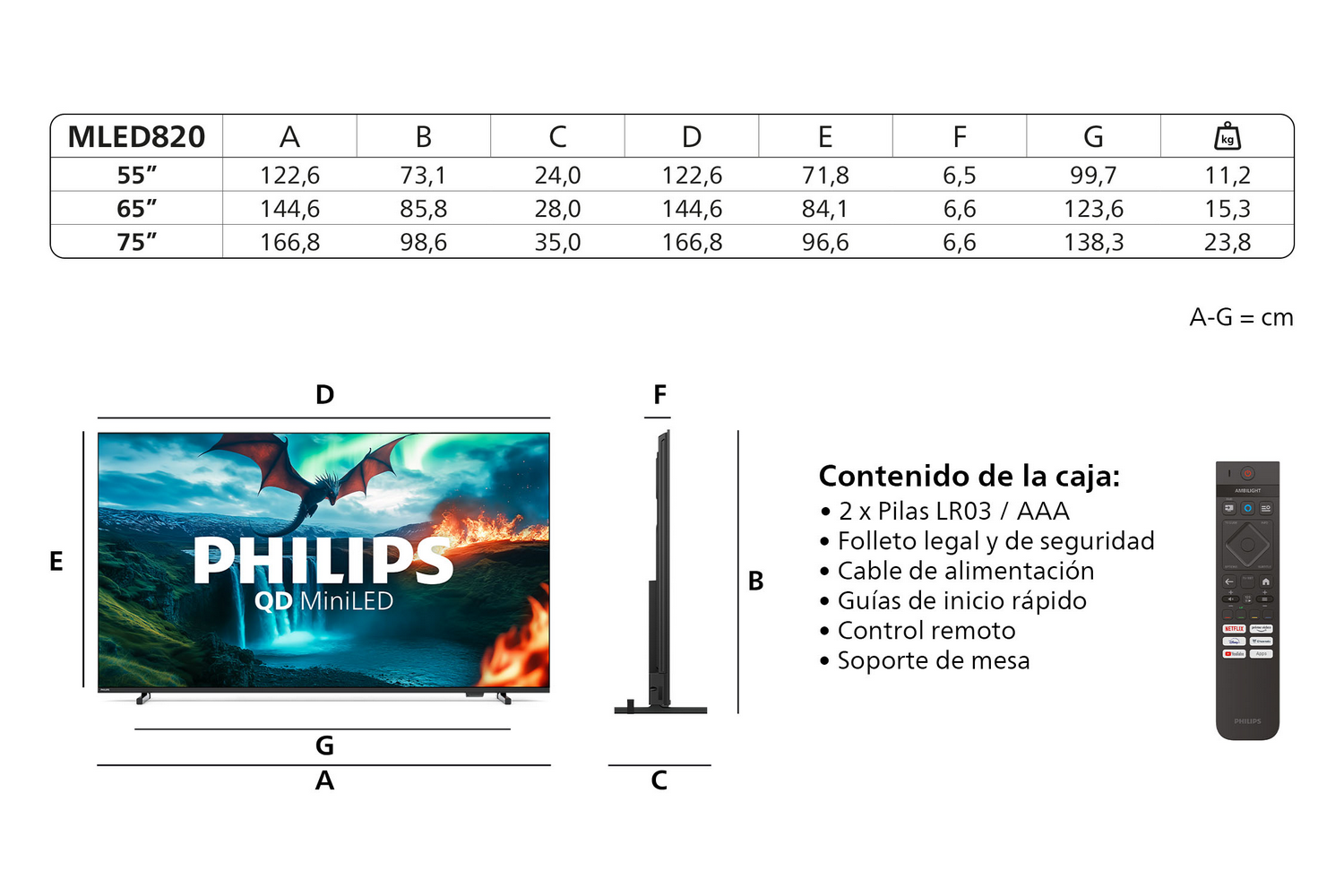 Tabla con tamaños y dimensiones de TV. Lado izquierdo muestra un TV Philips QD MiniLED.