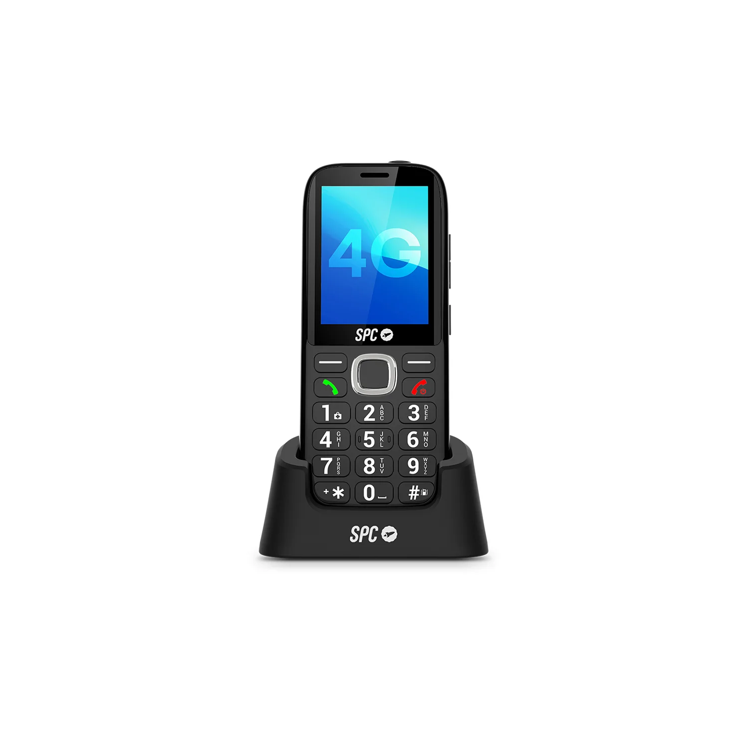 Un teléfono móvil SPC 4G negro con teclado está sobre una base de carga.