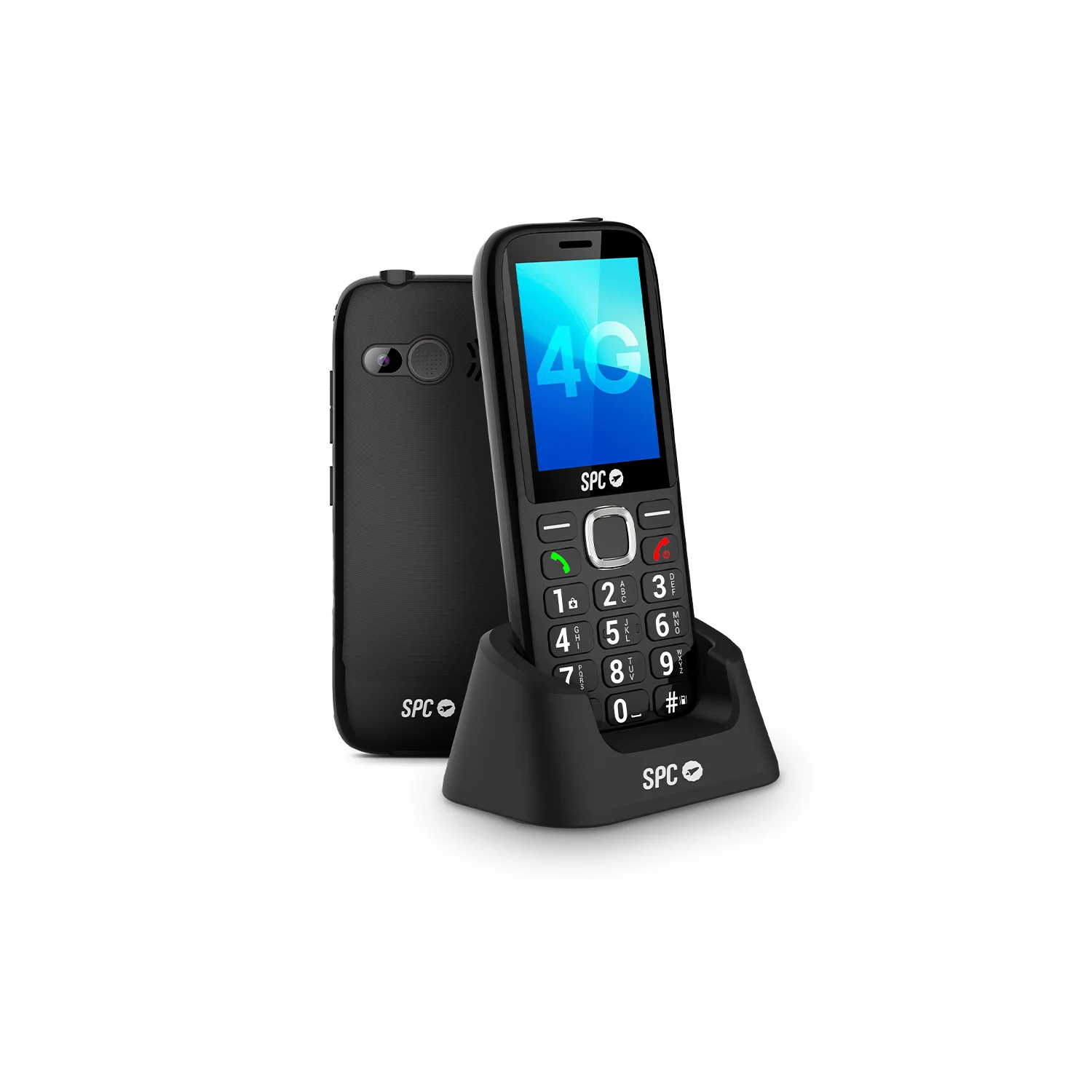 Teléfono móvil SPC 4G negro en su base de carga, vista trasera.