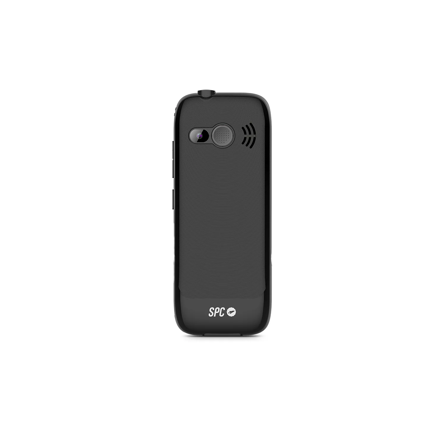 Reverso de un teléfono móvil negro con cámara y altavoz.
