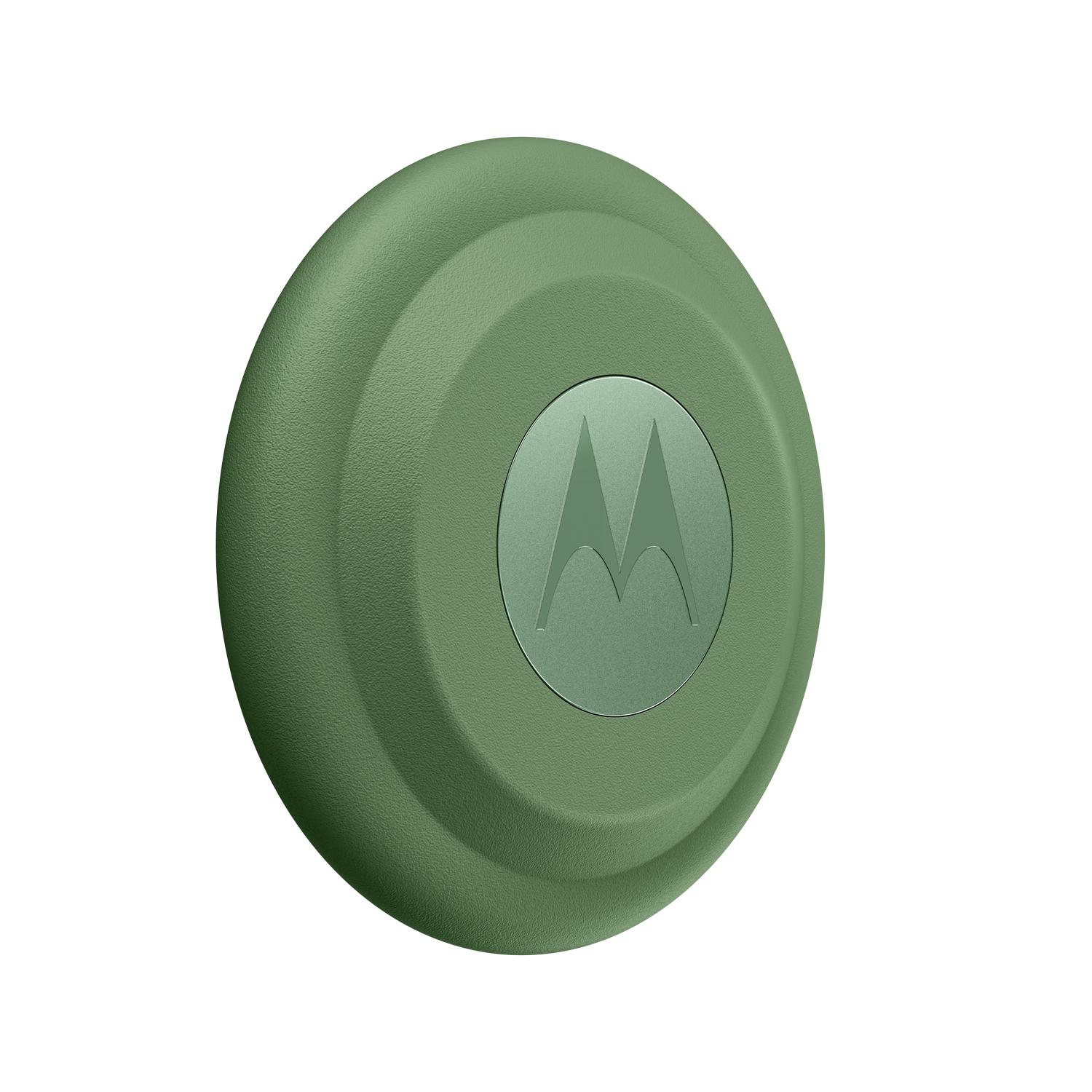 Objeto redondo verde texturizado con un sutil logo de Motorola.