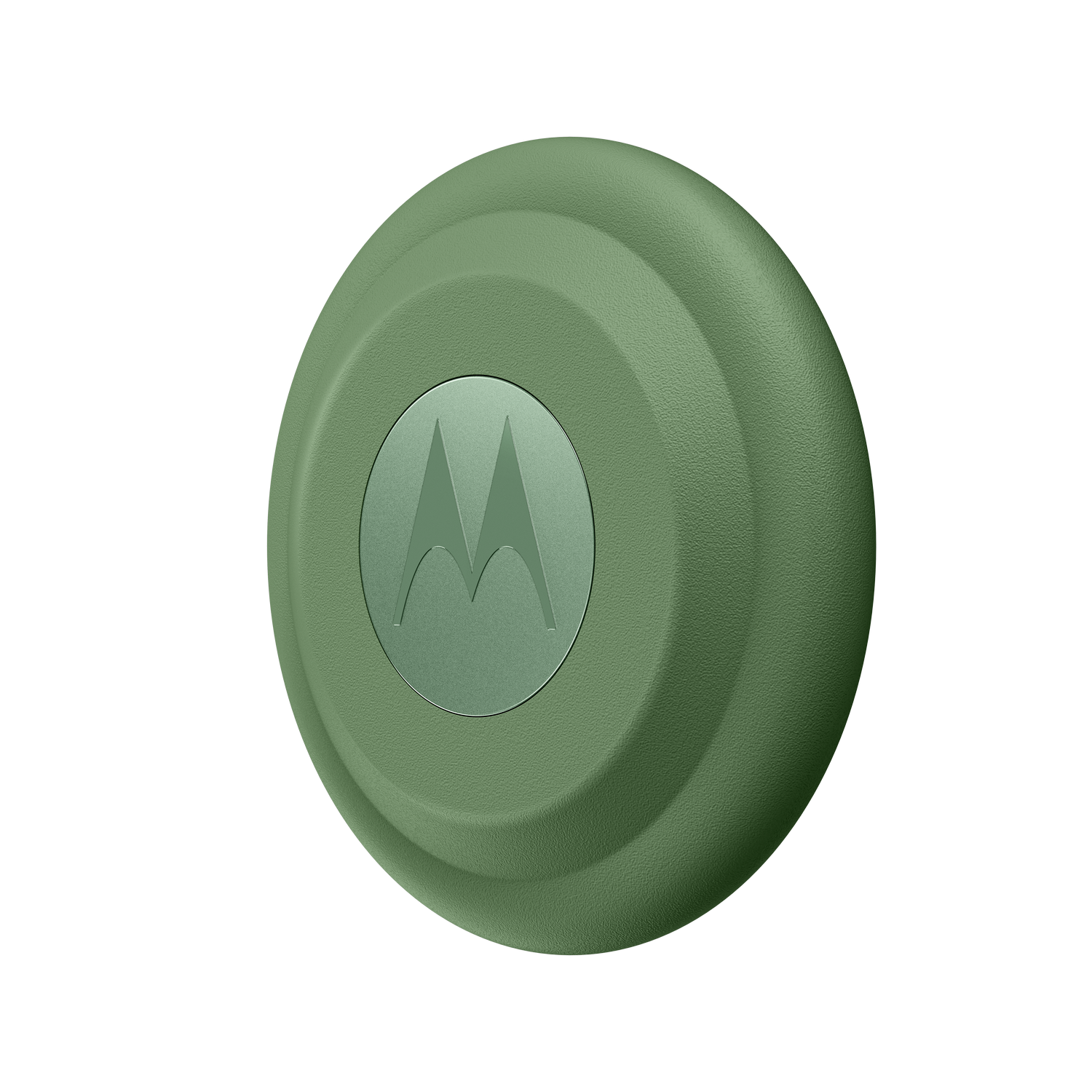 Objeto redondo verde con logo de Motorola sobre fondo negro.